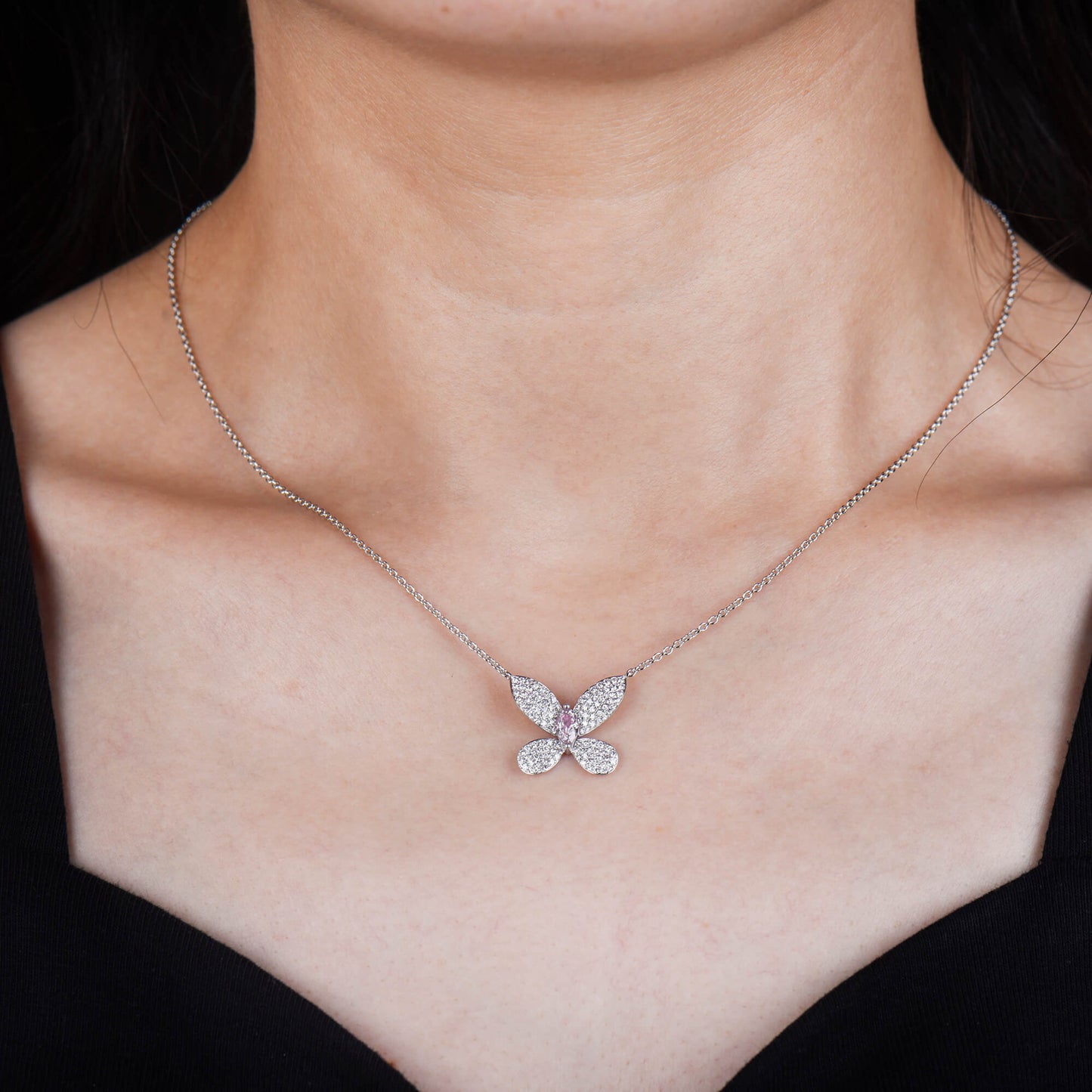 Natural Light Pink Diamond Butterfly Pendant, 18K White Gold, Marquise Shape, 0.77 Ct. TW