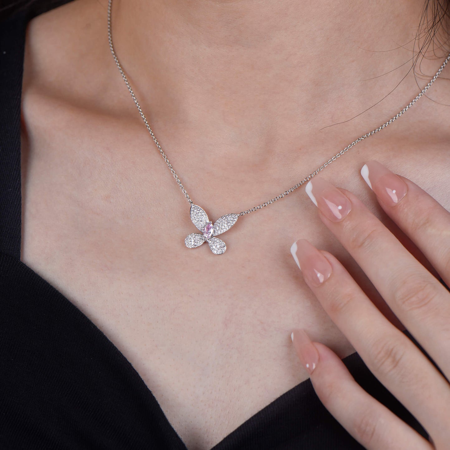 Natural Light Pink Diamond Butterfly Pendant, 18K White Gold, Marquise Shape, 0.77 Ct. TW