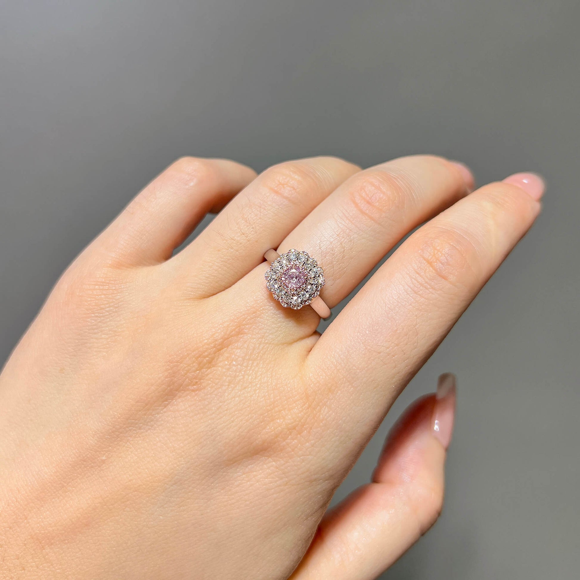 Natural Light Pink Diamond Halo Ring, 18K White & Rose Gold, Cushion Shape, 0.97 Ct. TW