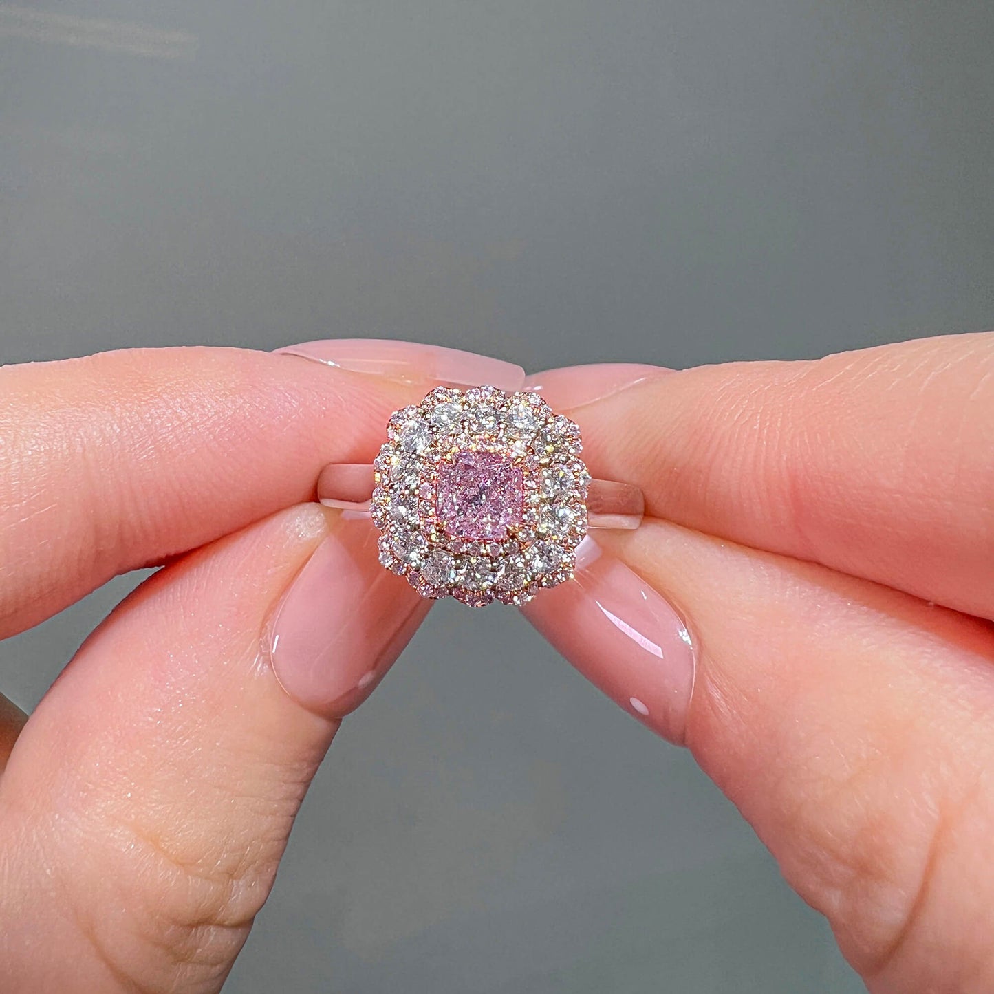 Natural Light Pink Diamond Halo Ring, 18K White & Rose Gold, Cushion Shape, 0.97 Ct. TW