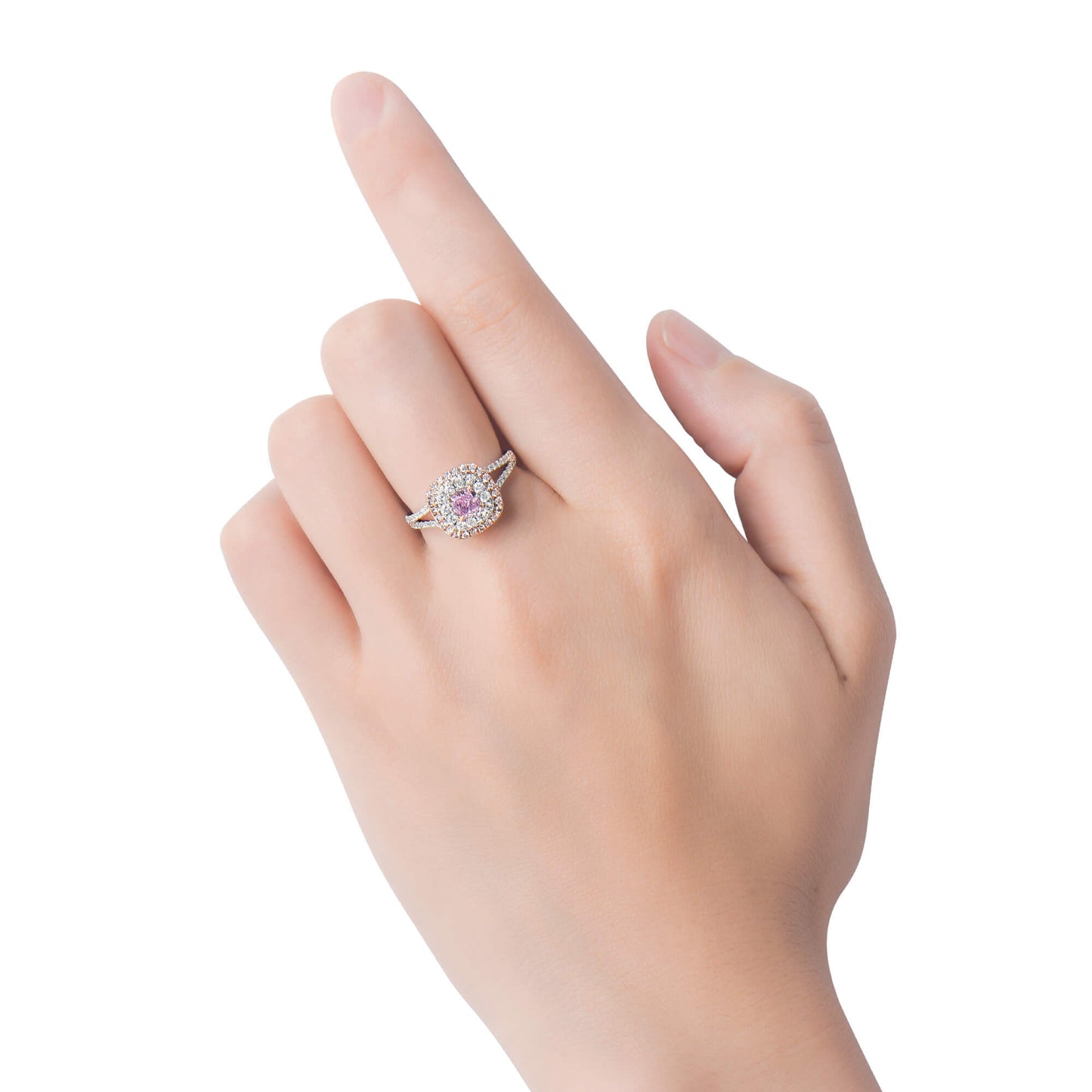 טבעת הילה משובצת יהלום ורוד בהיר טבעי, זהב לבן ורוד 18 קראט, צורת כרית, 1.07 קראט TW