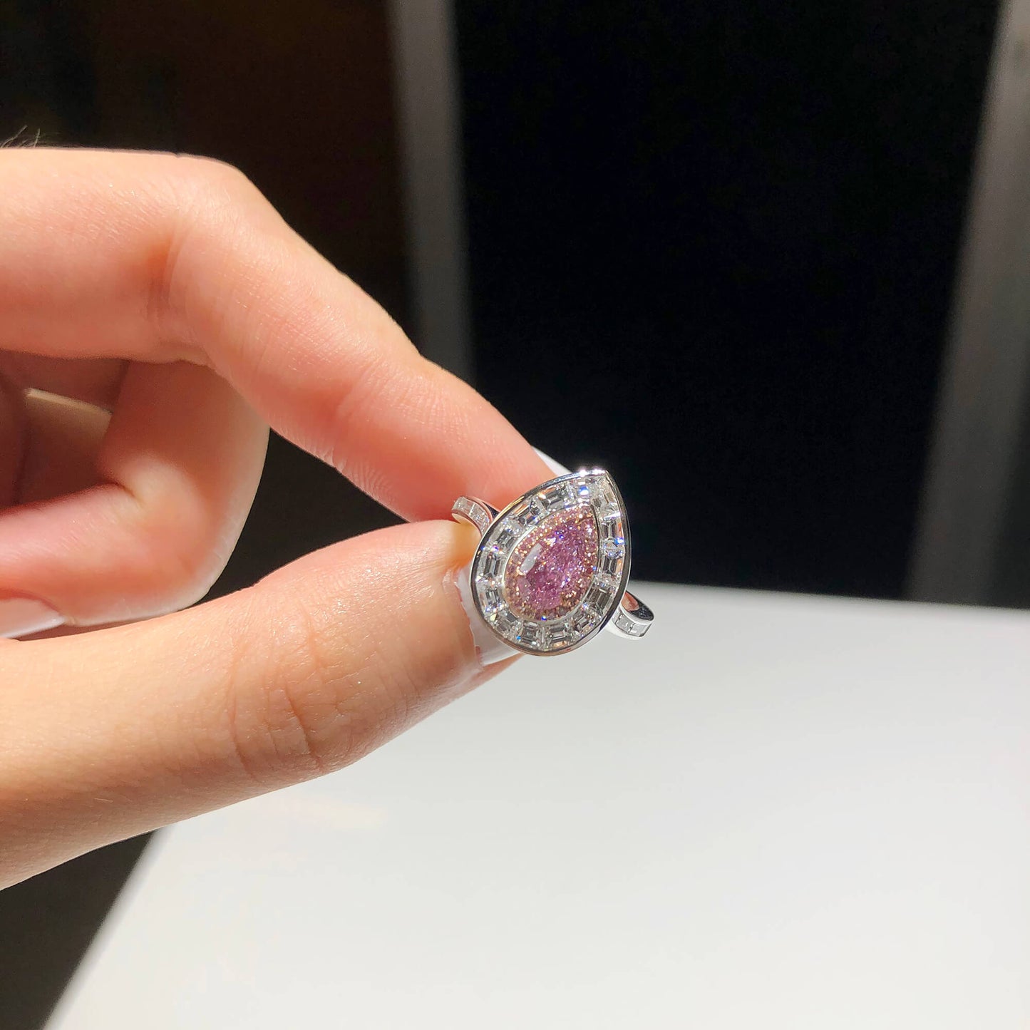 Natural Light Pink Diamond Halo Ring, 18K White Gold, Pear Shape, 1.92 Ct. TW