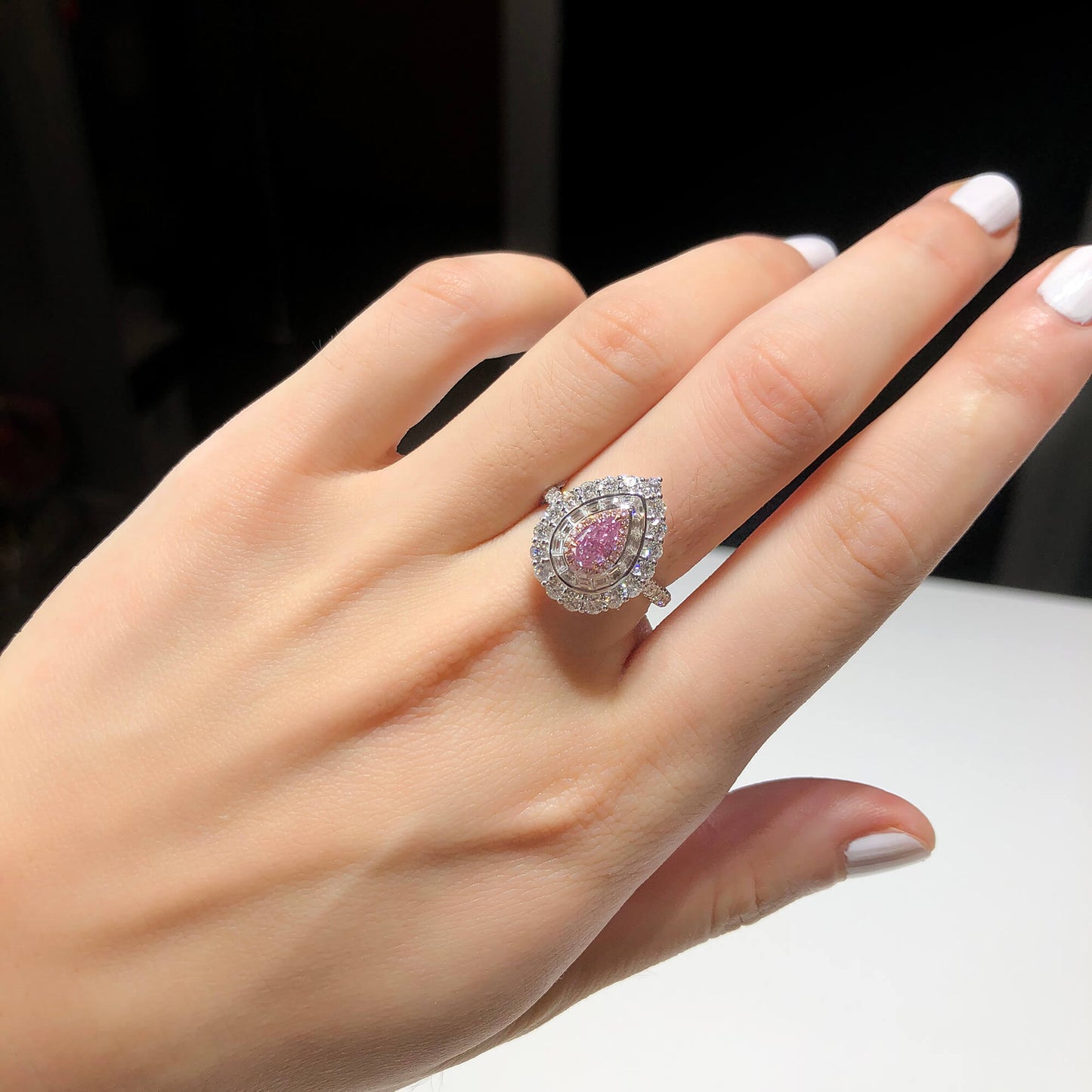 Natural Light Pink Diamond Halo Ring, 18K White Gold, Pear Shape, 1.93 Ct. TW