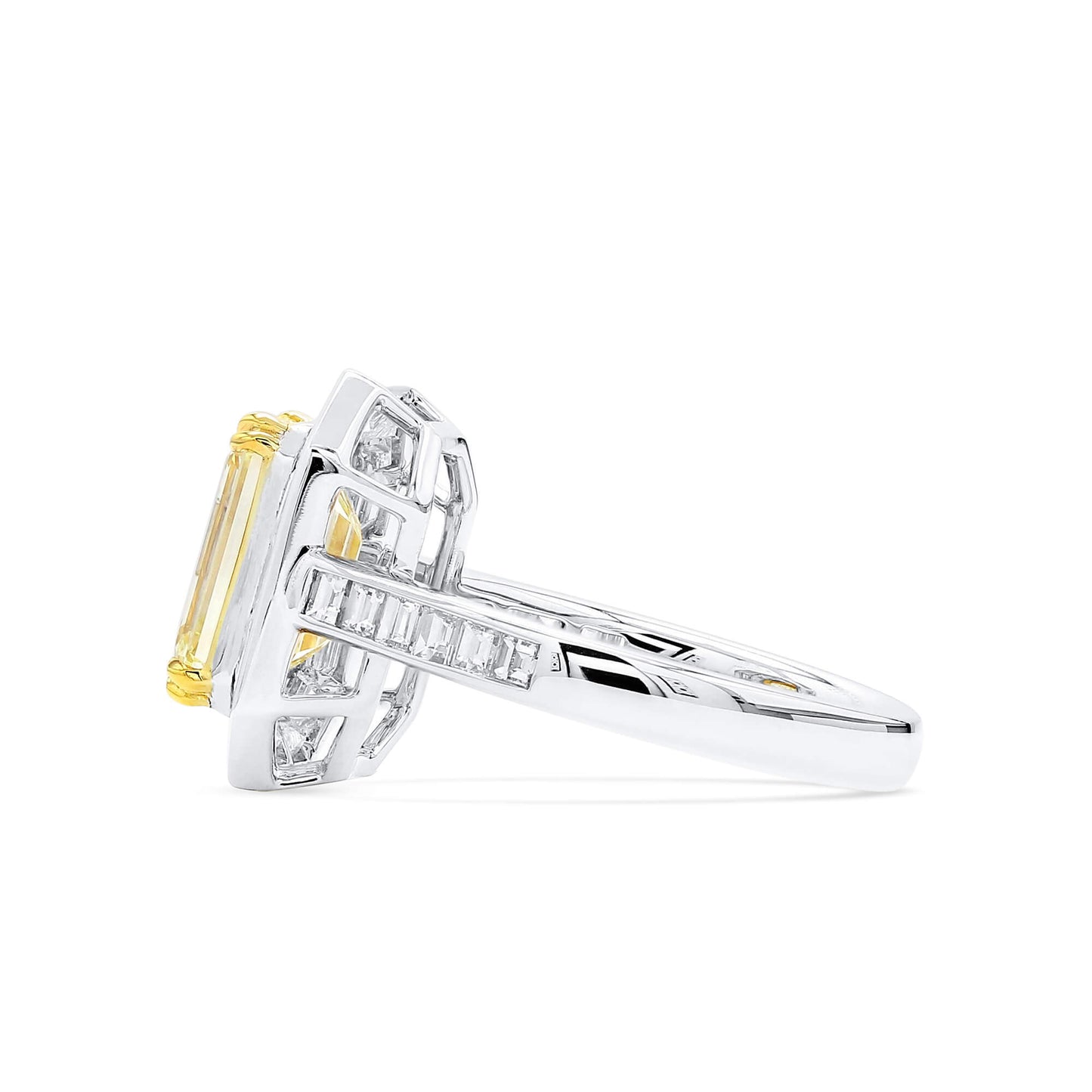 Natural Light Yellow (U-V) Diamond Halo Ring, 18K White & Yellow Gold, Radiant Shape, 4.62 Ct. TW