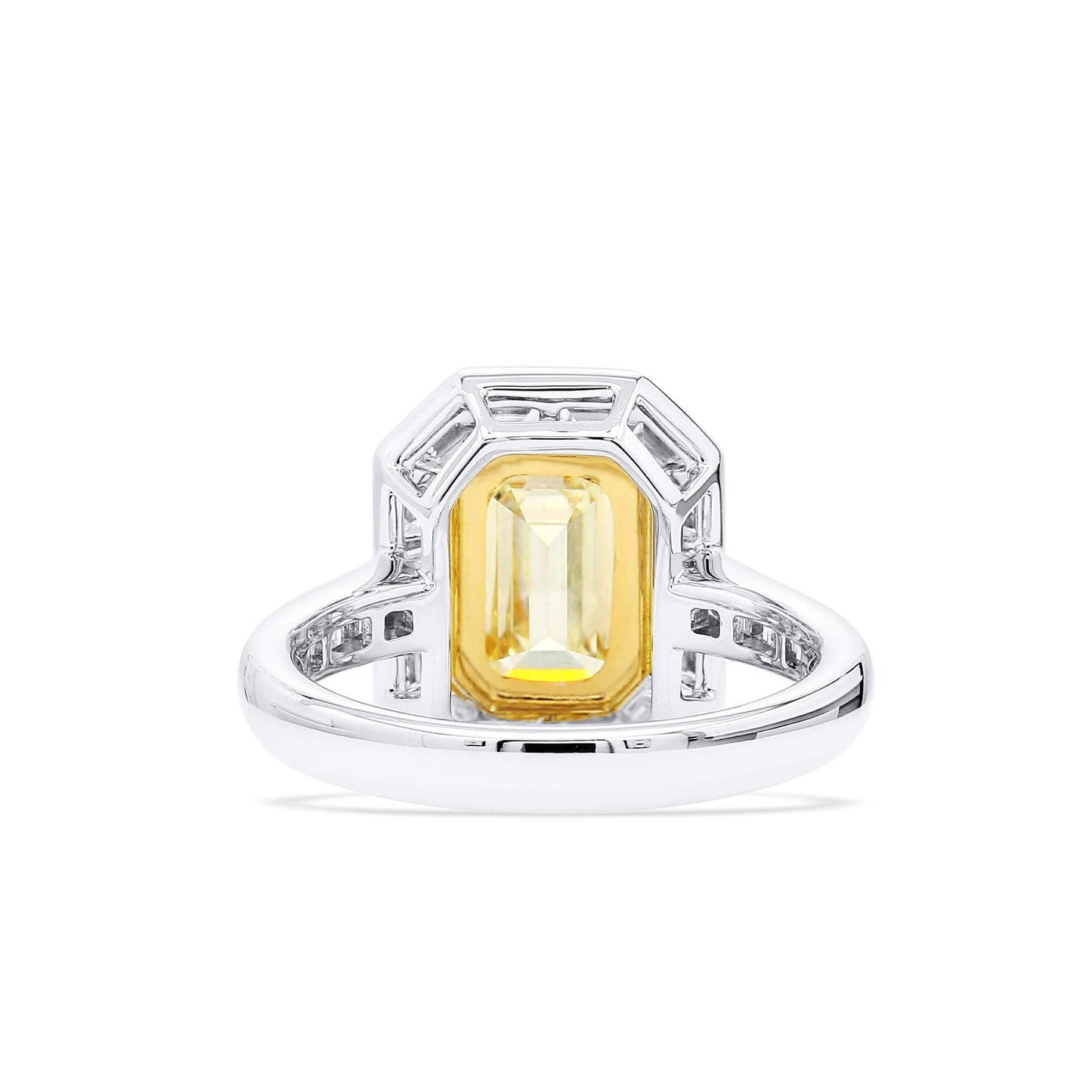Natural Light Yellow (U-V) Diamond Halo Ring, 18K White & Yellow Gold, Radiant Shape, 4.62 Ct. TW