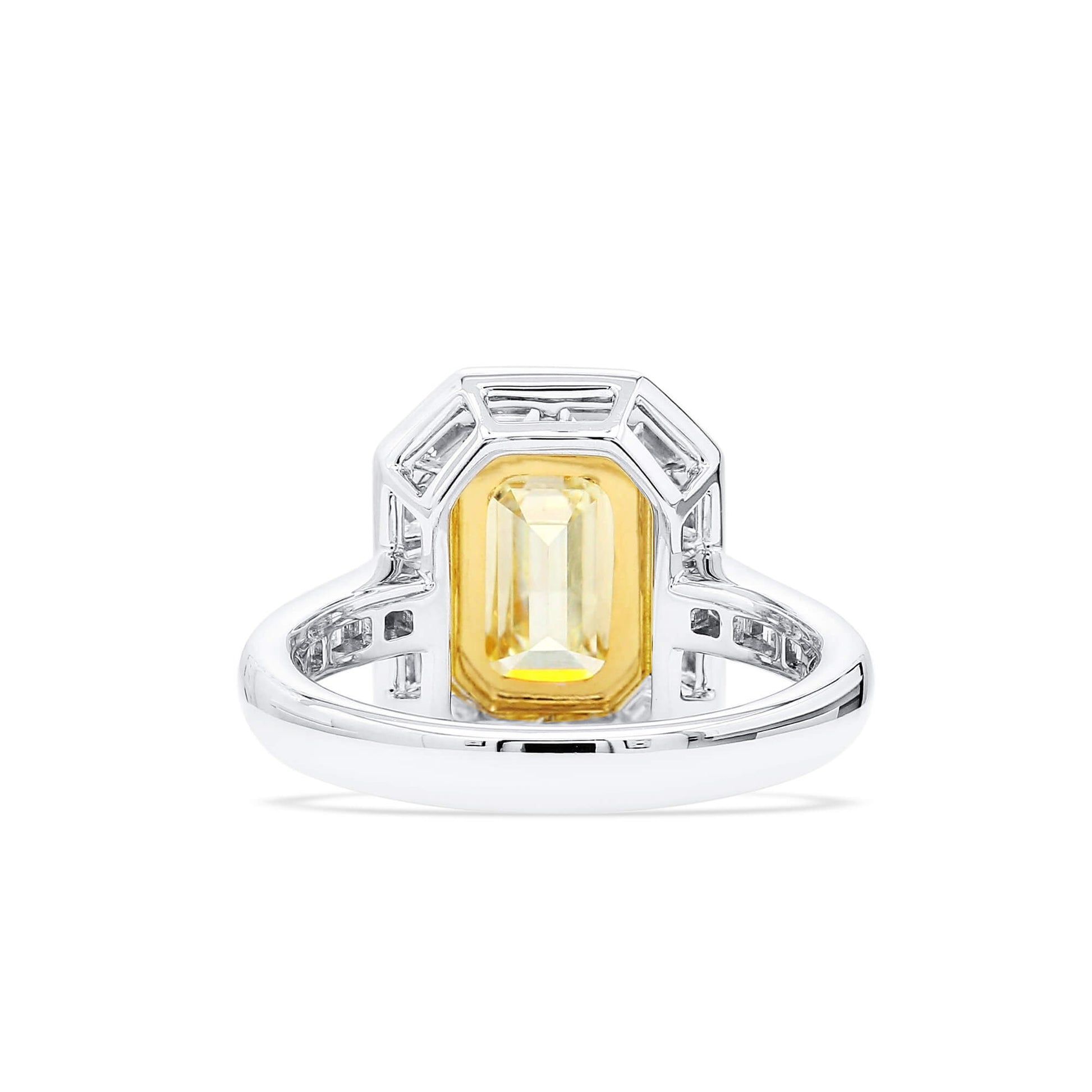 Natural Light Yellow (U-V) Diamond Halo Ring, 18K White & Yellow Gold, Radiant Shape, 4.62 Ct. TW