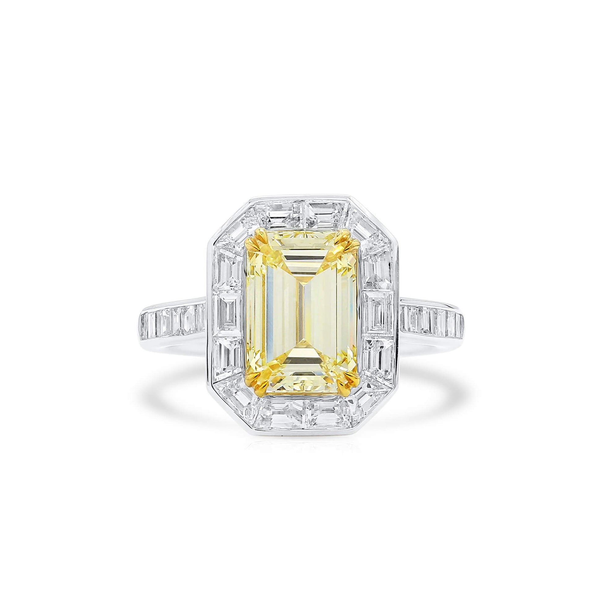 Natural Light Yellow (U-V) Diamond Halo Ring, 18K White & Yellow Gold, Radiant Shape, 4.62 Ct. TW