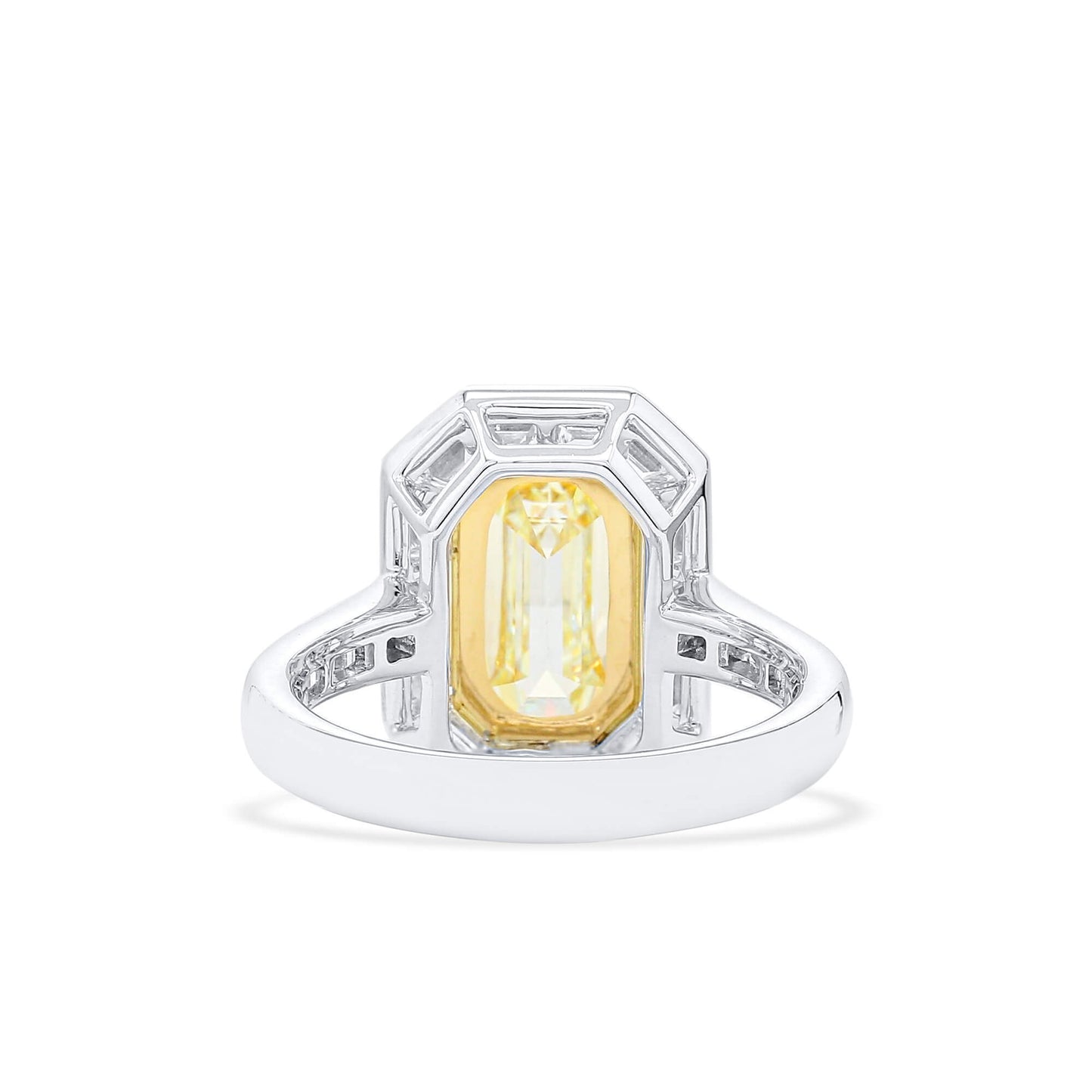 Natural Light Yellow Diamond Halo Ring, 18K White & Yellow Gold, Emerald Shape, 4.62 Ct. TW