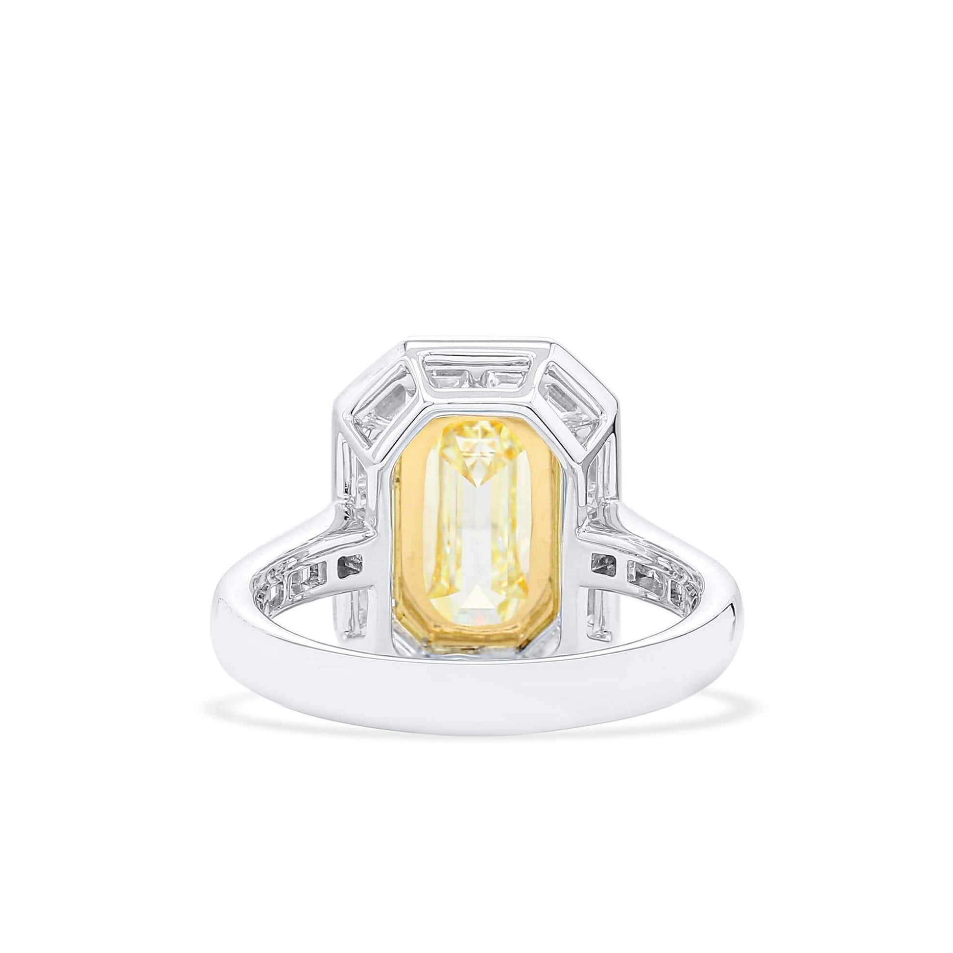 Natural Light Yellow Diamond Halo Ring, 18K White & Yellow Gold, Emerald Shape, 4.62 Ct. TW
