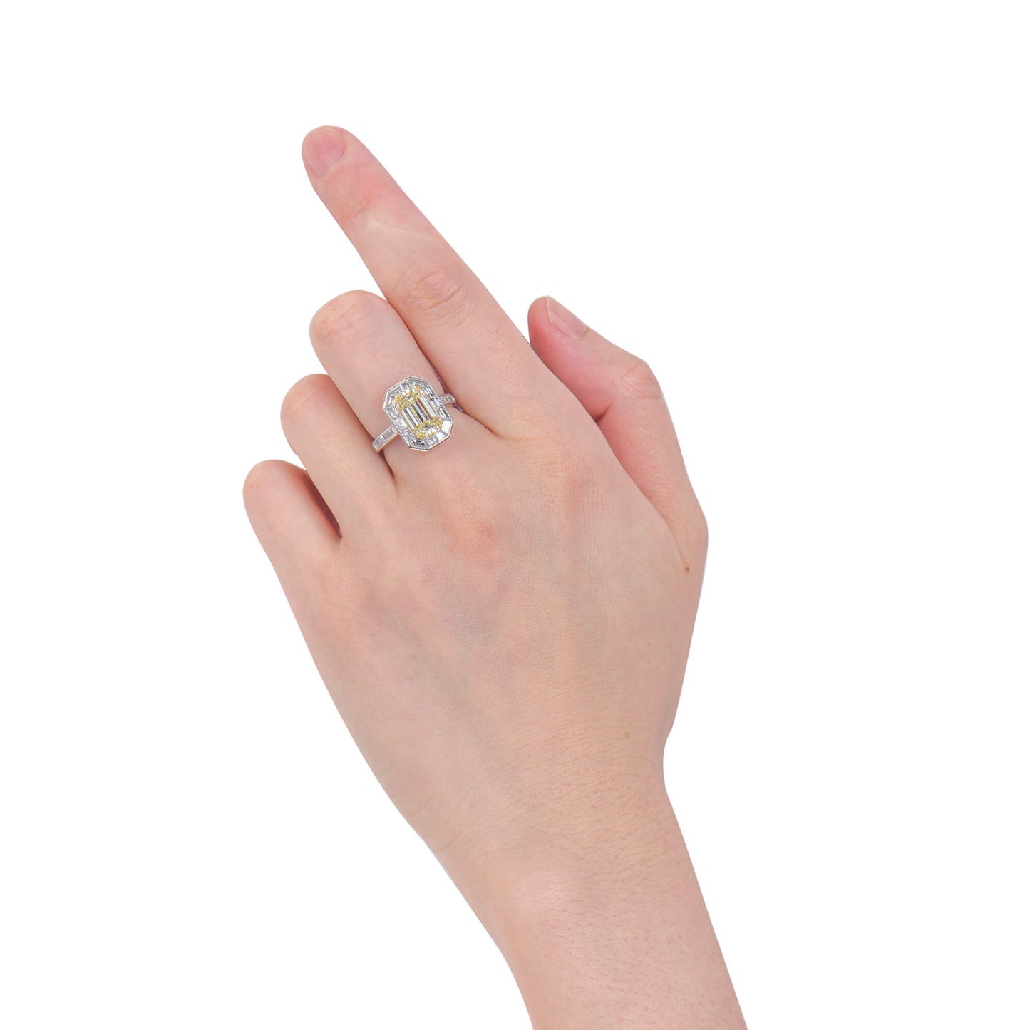 Natural Light Yellow Diamond Halo Ring, 18K White & Yellow Gold, Emerald Shape, 4.62 Ct. TW