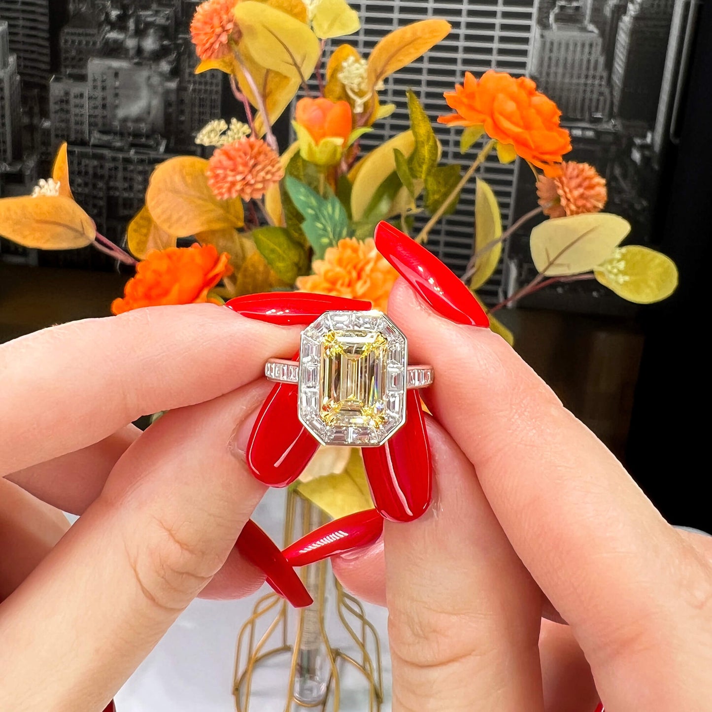 Natural Light Yellow Diamond Halo Ring, 18K White & Yellow Gold, Emerald Shape, 4.62 Ct. TW