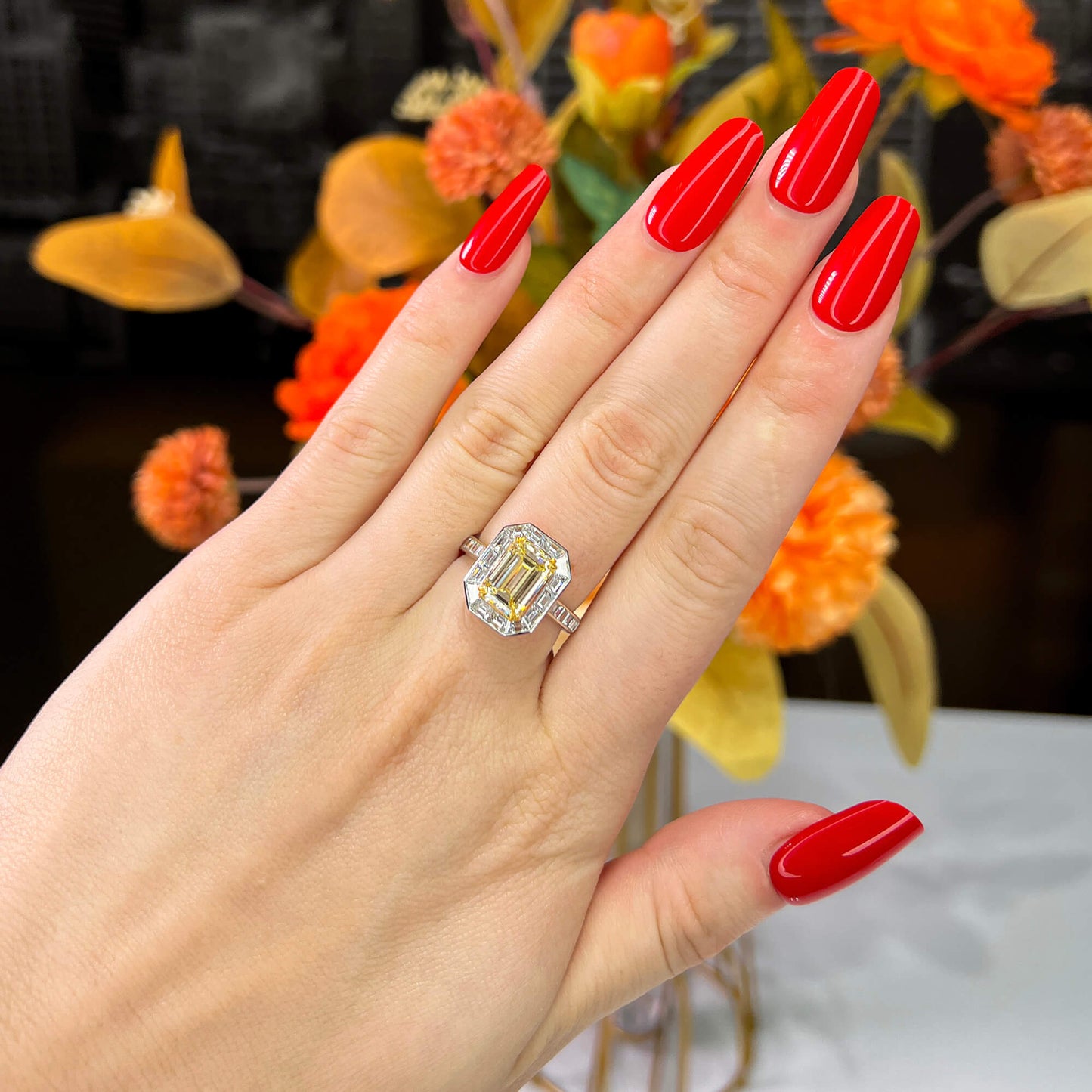 Natural Light Yellow Diamond Halo Ring, 18K White & Yellow Gold, Emerald Shape, 4.62 Ct. TW