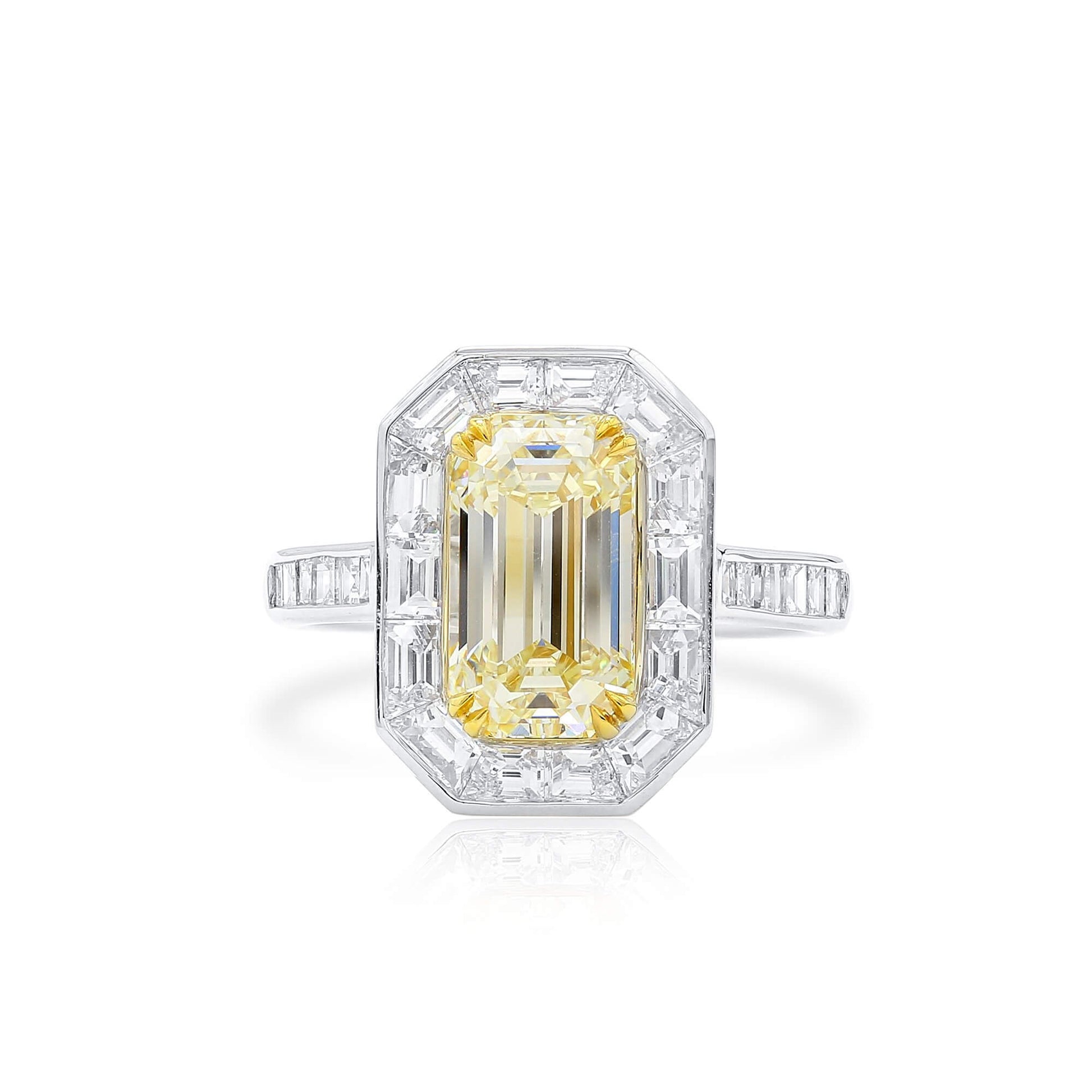Natural Light Yellow Diamond Halo Ring, 18K White & Yellow Gold, Emerald Shape, 4.62 Ct. TW