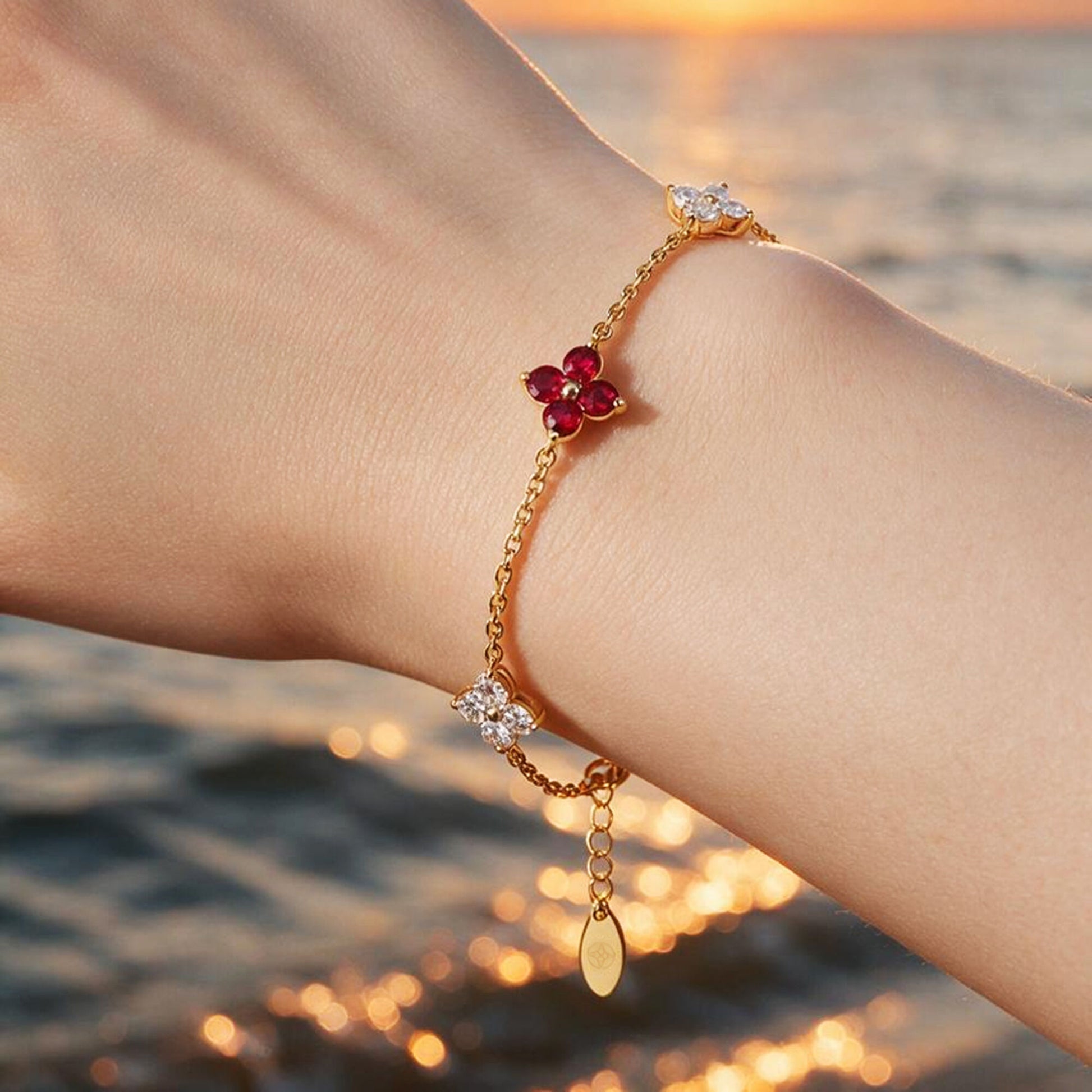 Natural 1.49 Ct. TW Ruby & Diamond Clover Station Bracelet in Yellow Gold , 14K Yellow Gold, 18K Yellow Gold