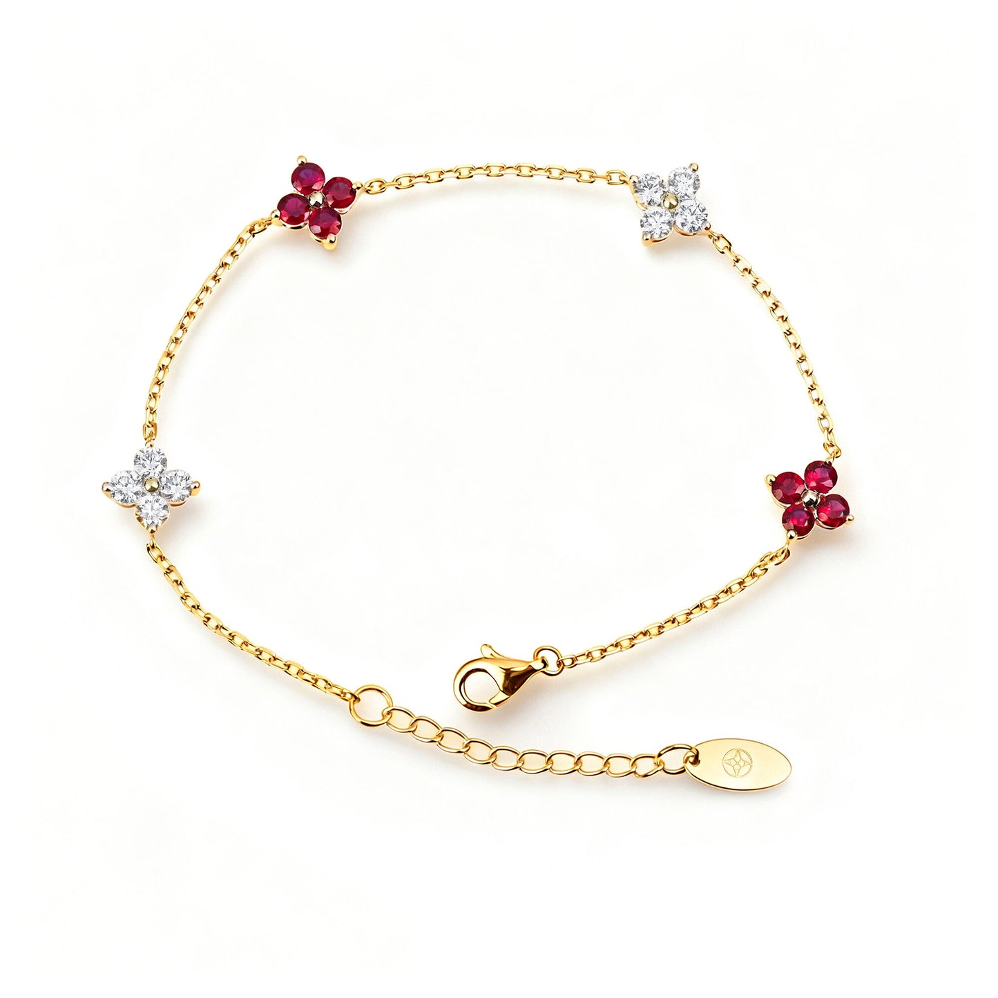 Natural 1.49 Ct. TW Ruby & Diamond Clover Station Bracelet in Yellow Gold , 14K Yellow Gold, 18K Yellow Gold