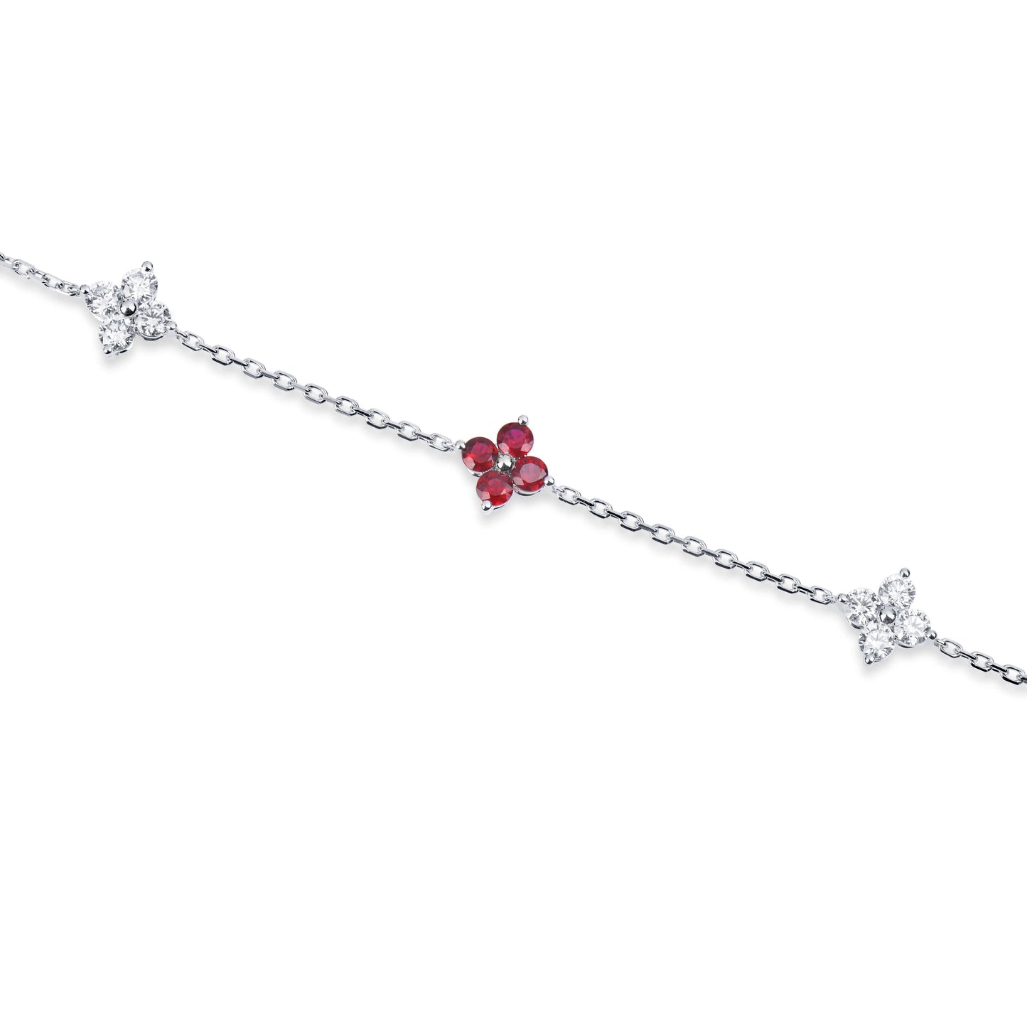 Natural 1.49 Ct. TW Ruby & Diamond Clover Station Bracelet, 14K White Gold