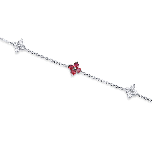 Natural 1.49 Ct. TW Ruby & Diamond Clover Station Bracelet, 14K White Gold