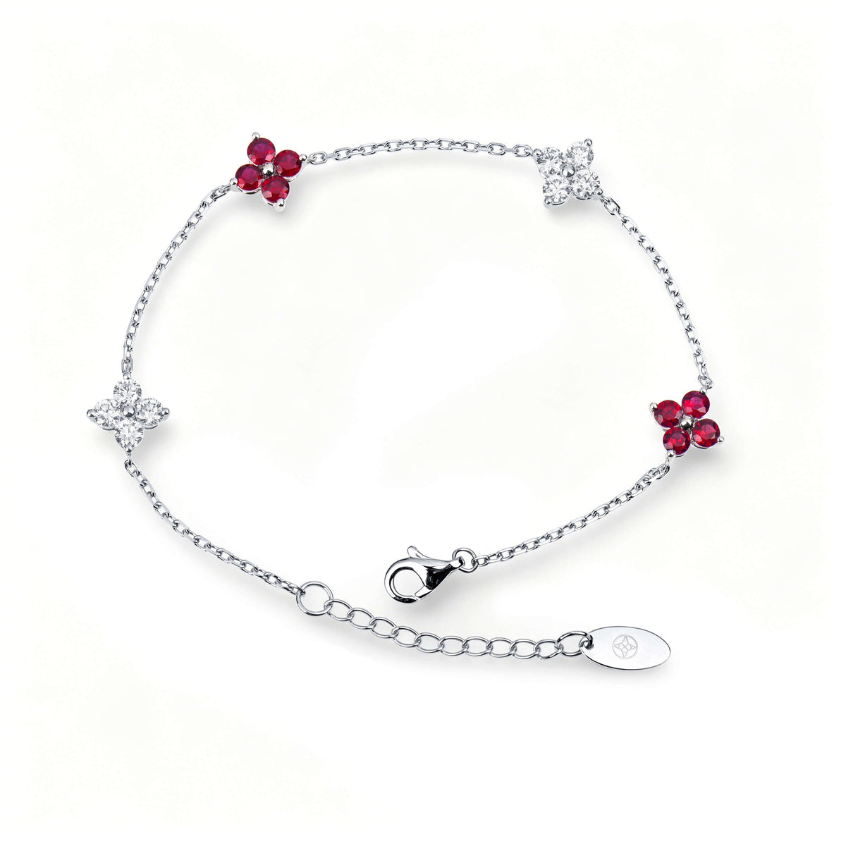 Natural 1.49 Ct. TW Ruby & Diamond Clover Station Bracelet in White Gold , 14K White Gold, 18K White Gold