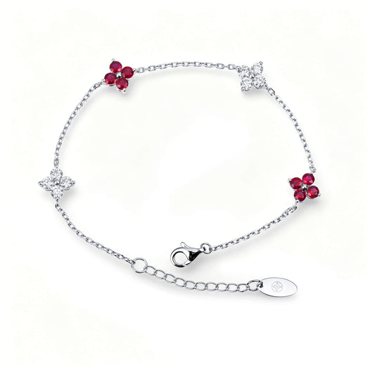 Natural 1.49 Ct. TW Ruby & Diamond Clover Station Bracelet, 14K White Gold
