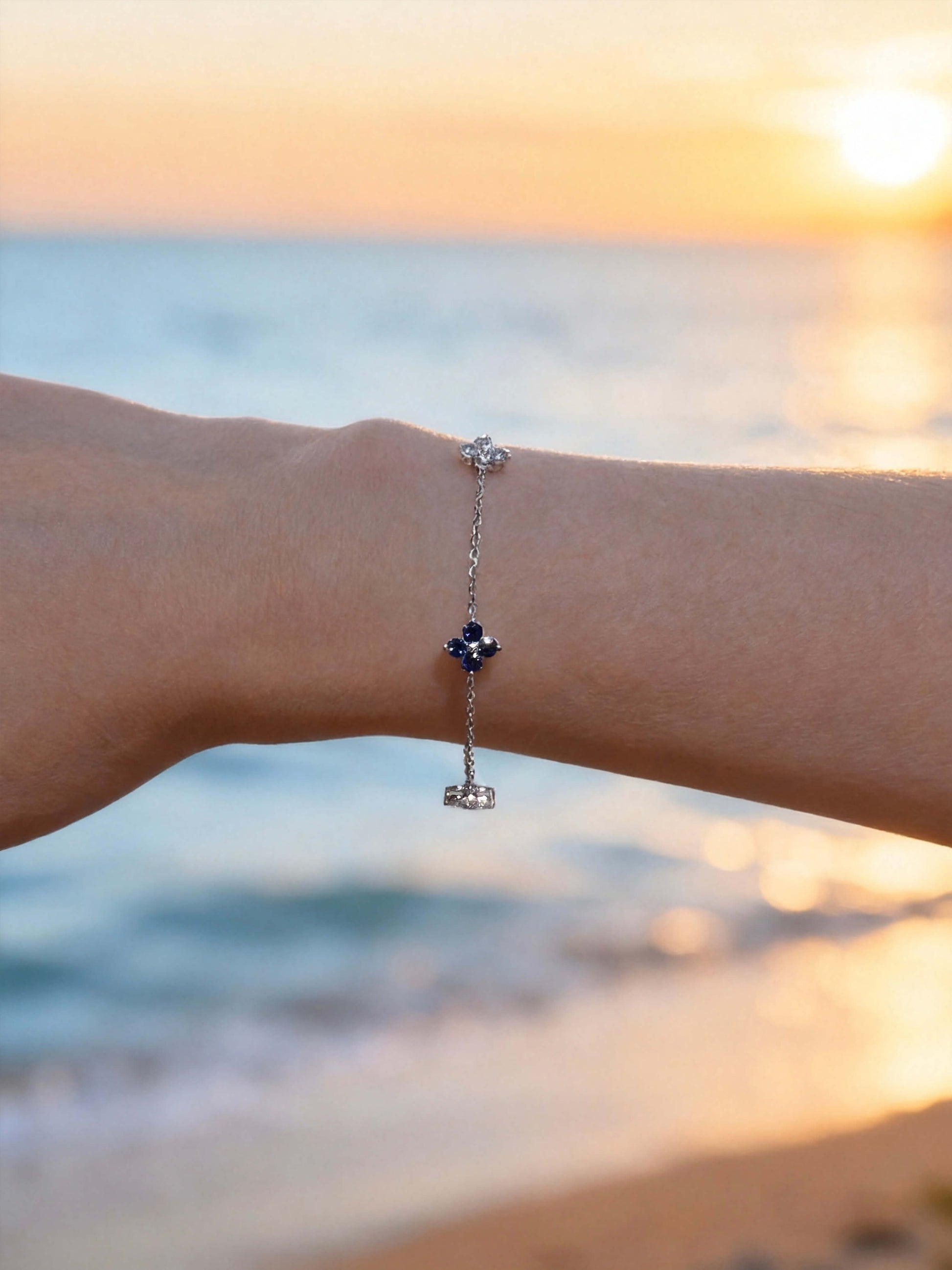 Natural 1.50 Ct. TW Sapphire & Diamond Clover Station Bracelet, 14K White Gold