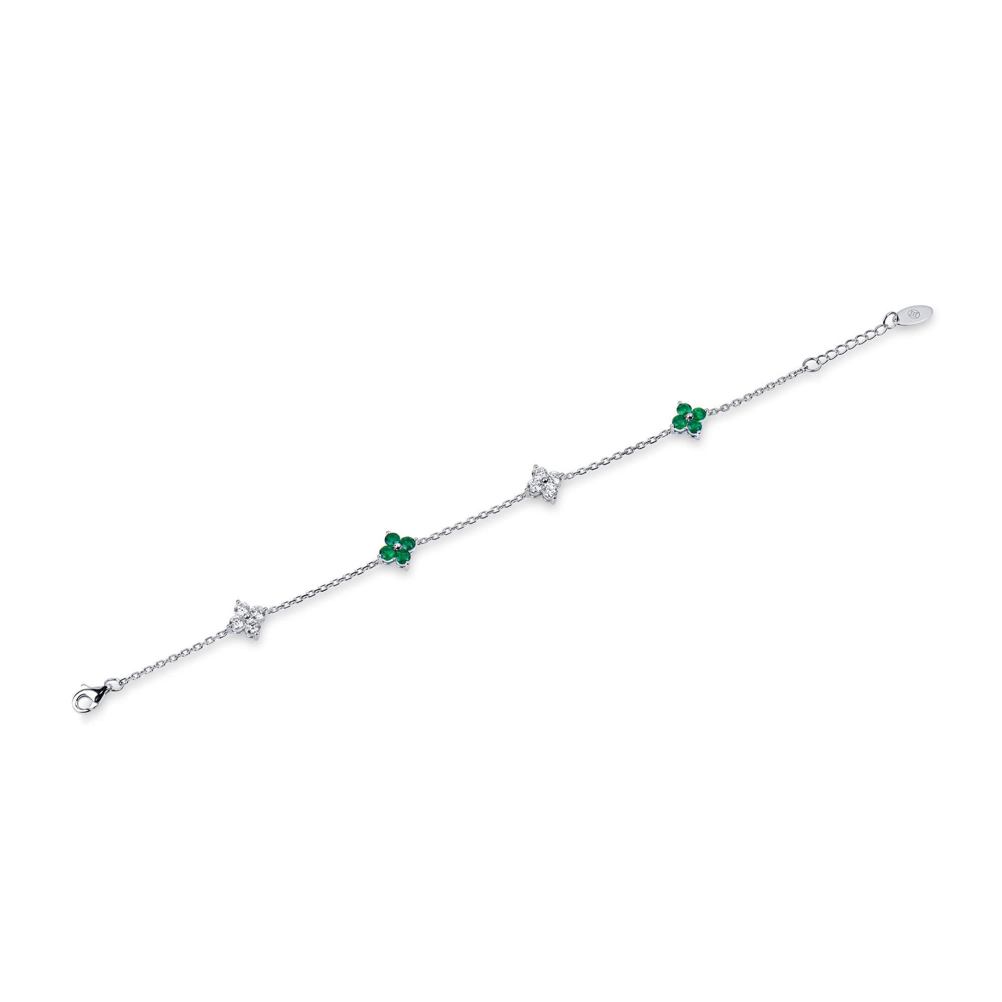 Natural 1.61 Ct. TW Emerald & Diamond Clover Station Bracelet, 14K White Gold