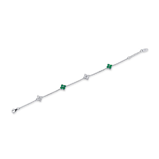 Natural 1.61 Ct. TW Emerald & Diamond Clover Station Bracelet, 14K White Gold