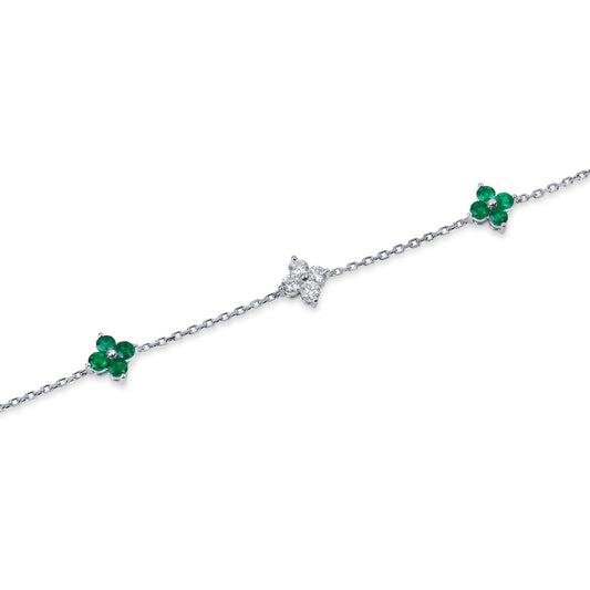 Natural 1.61 Ct. TW Emerald & Diamond Clover Station Bracelet, 14K White Gold