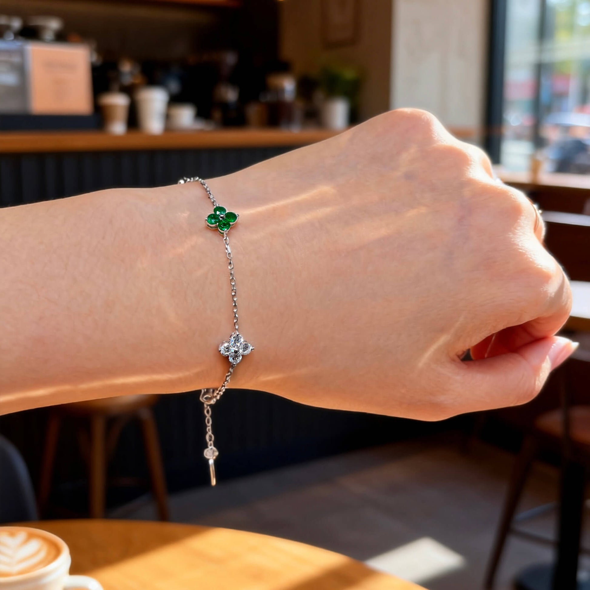 Natural 1.61 Ct. TW Emerald & Diamond Clover Station Bracelet, 14K White Gold