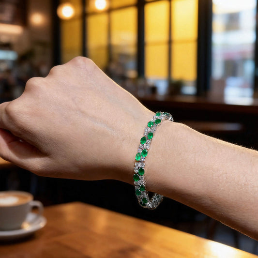 Natural 16.11 Ct. TW Emerald & Diamond Bracelet, 18K White Gold