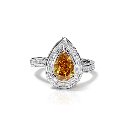 Natural 1.38 Ct. Yellow-Orange Pear-Cut Diamond Halo Ring, 18K White Gold