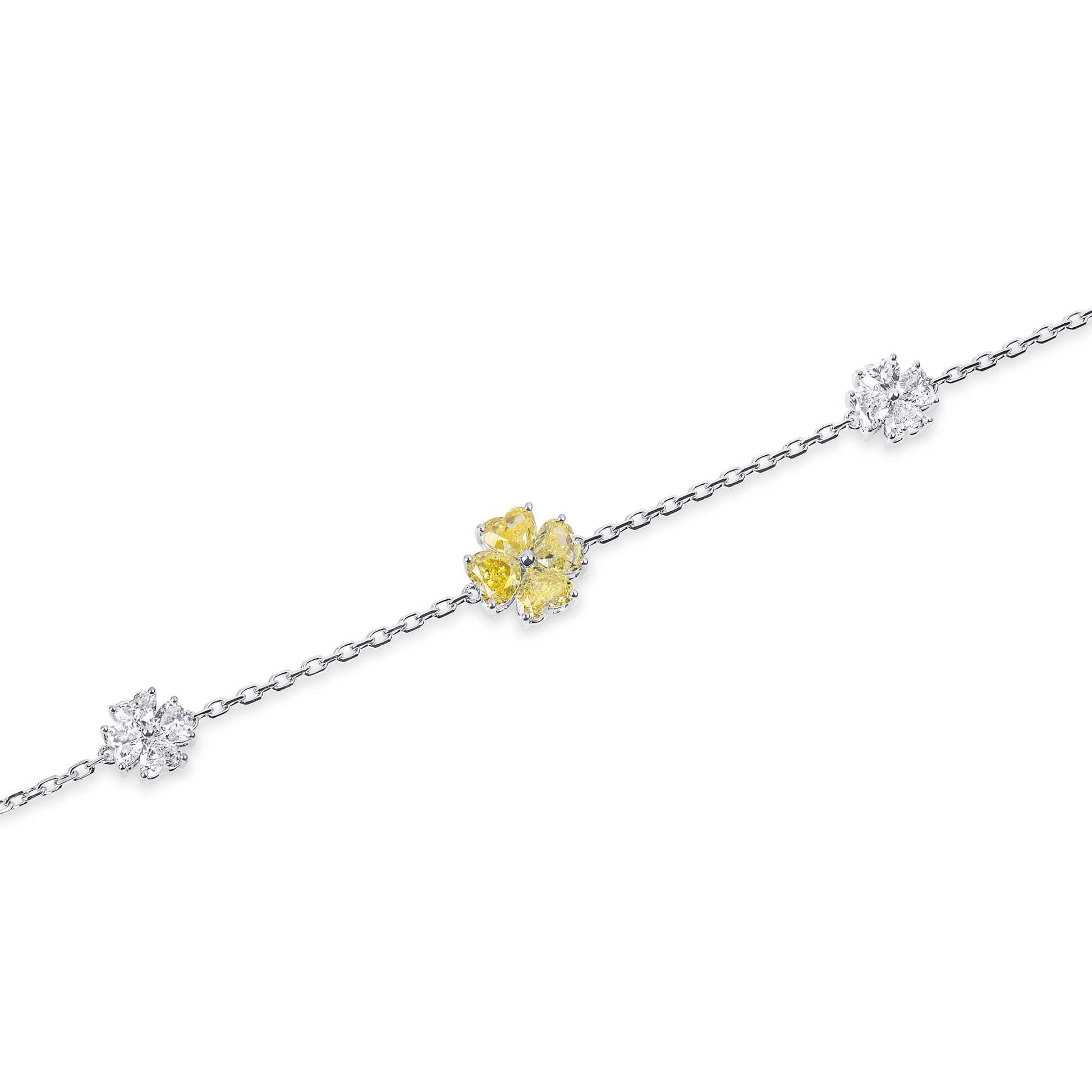 Natural 2.95 Ct. TW Fancy Intense Yellow Heart-Shaped Diamond Clover Station Bracelet, 14K White Gold