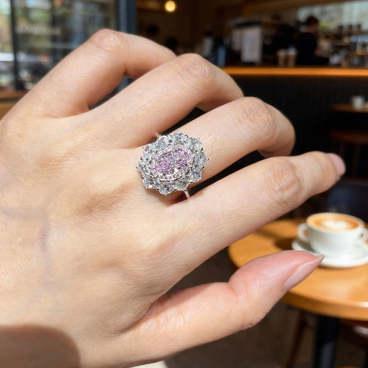 Natural 4.60 Ct. TW Pink & White Oval-Cut Diamond Halo Ring, 18K White Gold