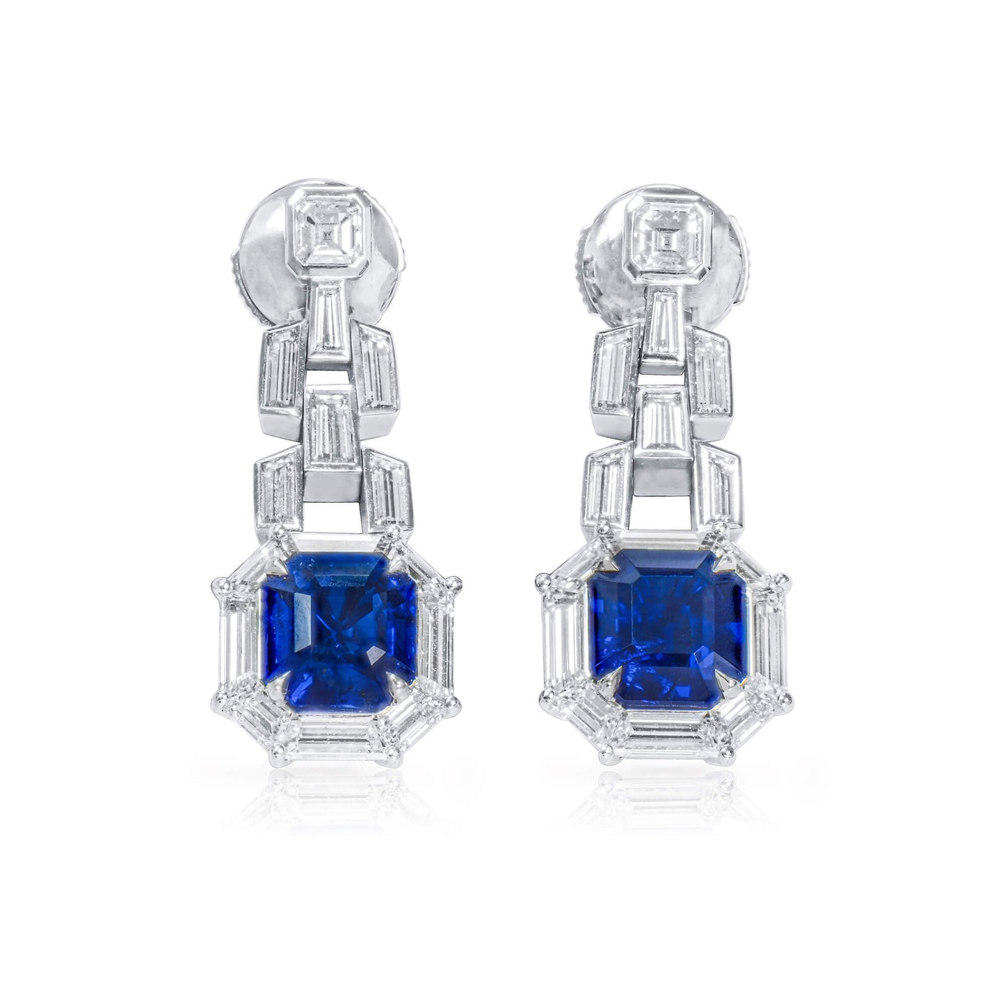 Natural Blue Burmese Sapphire Drop Earrings with Diamonds, 18K White Gold, 6.05 Ct. TW, Unheated