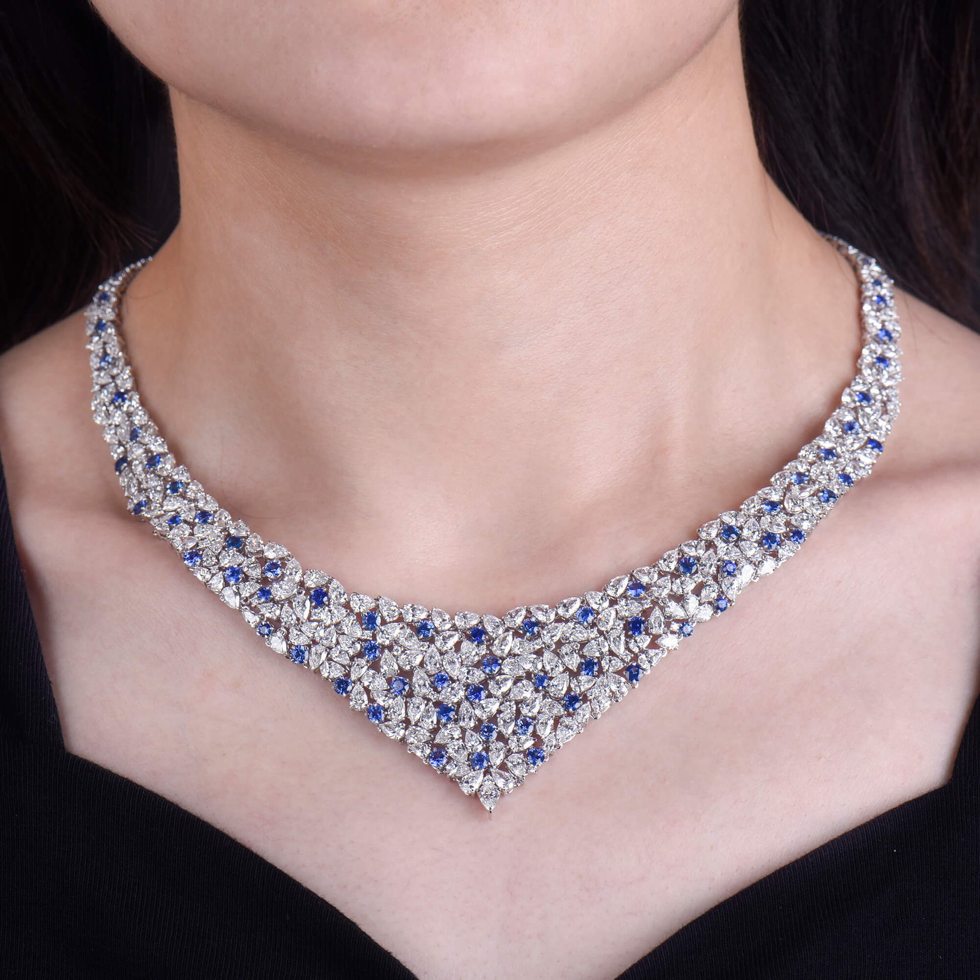 Natural Blue Sapphire Necklace, 18K White Gold, Round Shape, 54.44 Ct. TW