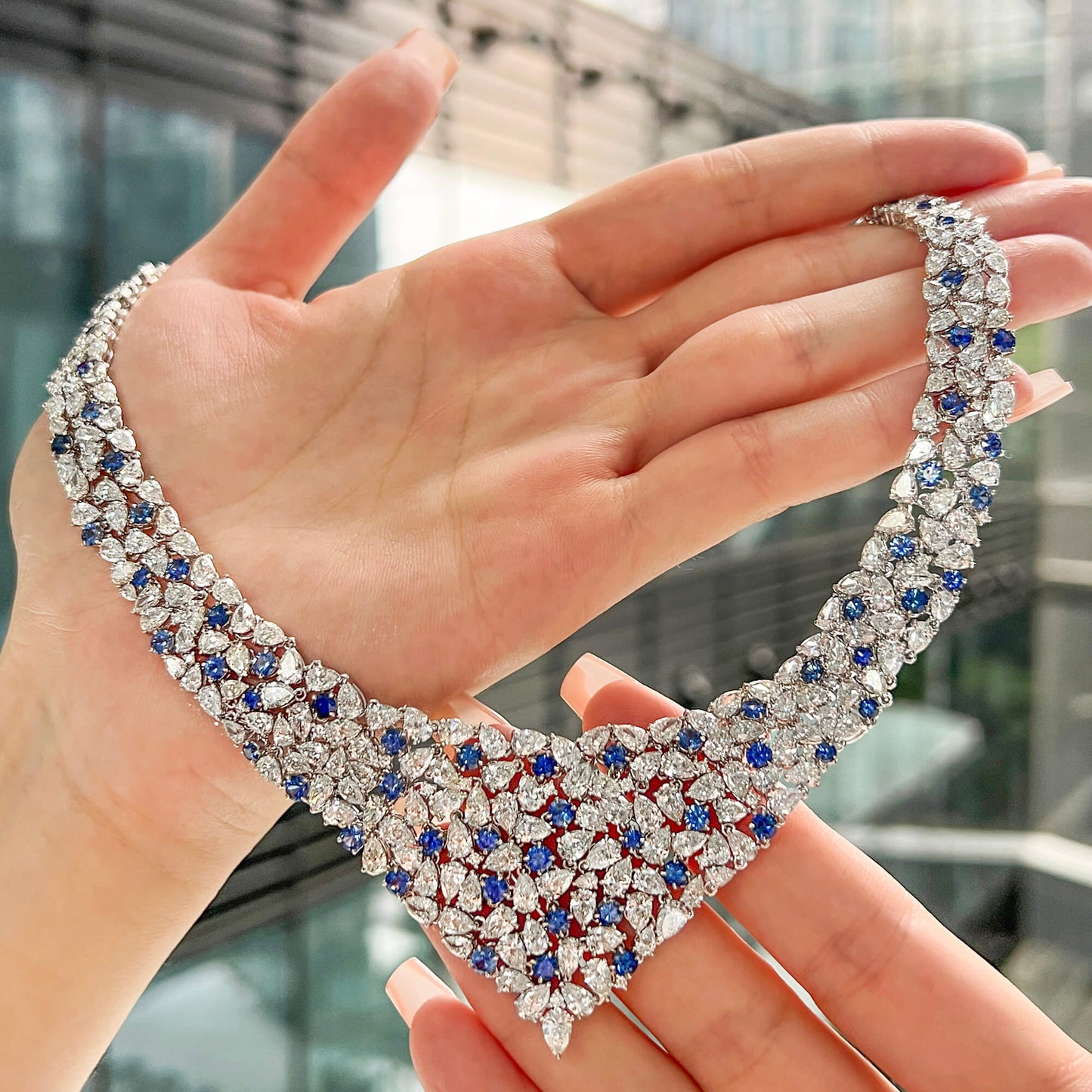 Natural Blue Sapphire Necklace, 18K White Gold, Round Shape, 54.44 Ct. TW