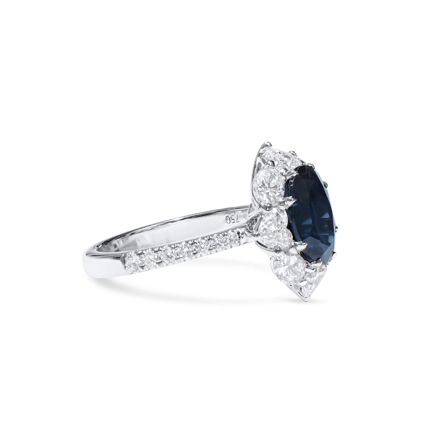 Natural Blue Sapphire Halo Ring, 18K White Gold, Oval Shape, 5.19 Ct. TW