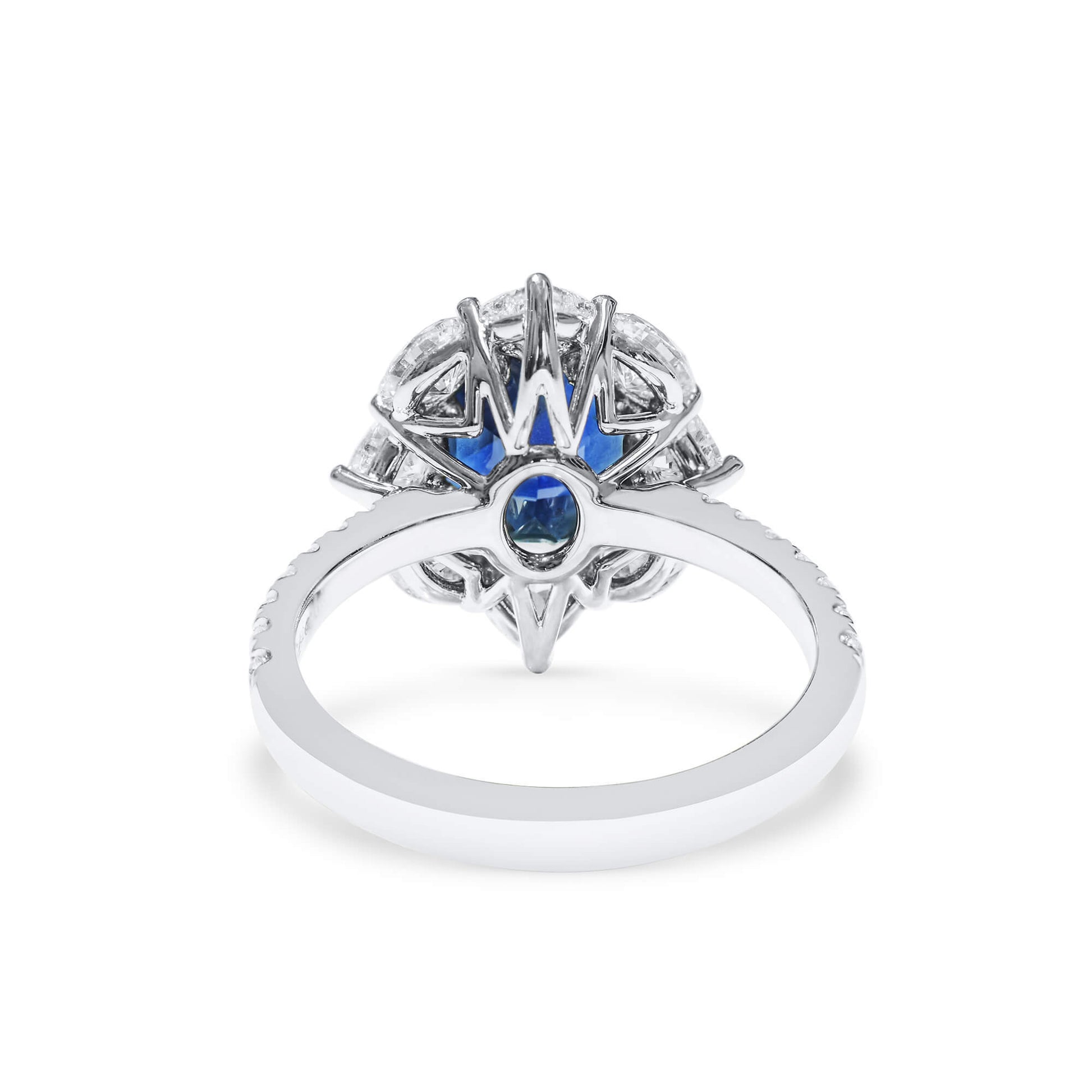 Natural Blue Sapphire Halo Ring, 18K White Gold, Oval Shape, 5.19 Ct. TW