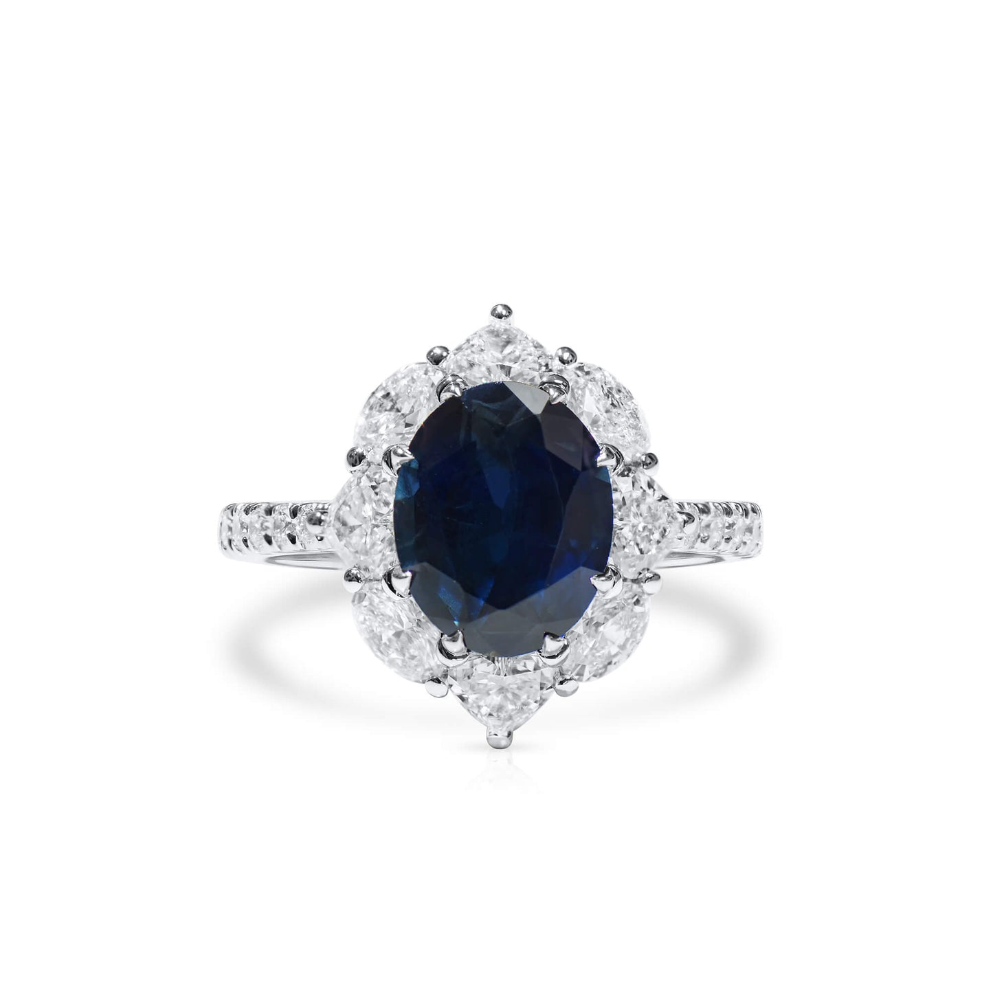 Natural Blue Sapphire Halo Ring, 18K White Gold, Oval Shape, 5.19 Ct. TW