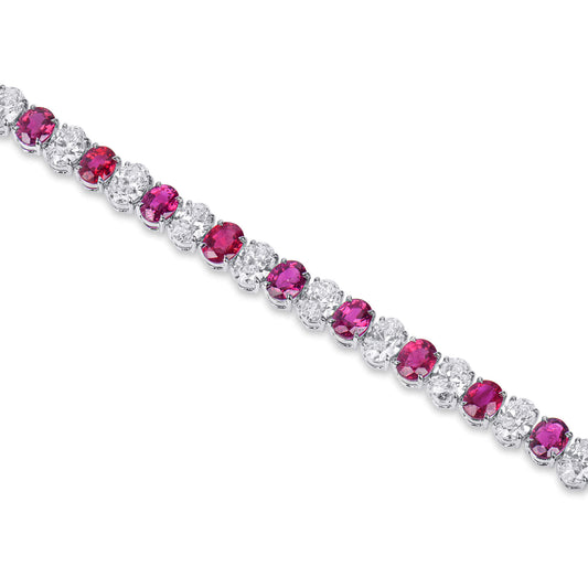 Natural Diamond And Ruby Tennis Bracelet, 18K White Gold, Oval Shape, GIA, 16.45 Ct. TW