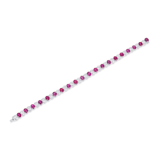Natural Diamond And Ruby Tennis Bracelet, 18K White Gold, Oval Shape, GIA, 16.45 Ct. TW