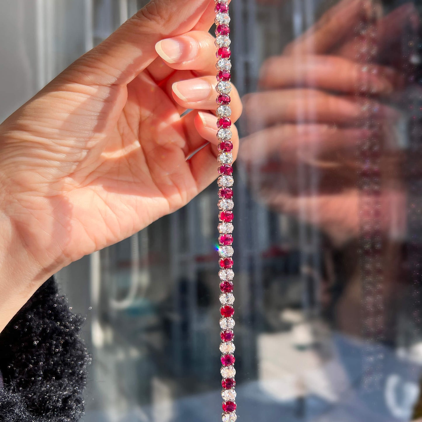 Natural Diamond And Ruby Tennis Bracelet, 18K White Gold, Oval Shape, GIA, 16.45 Ct. TW