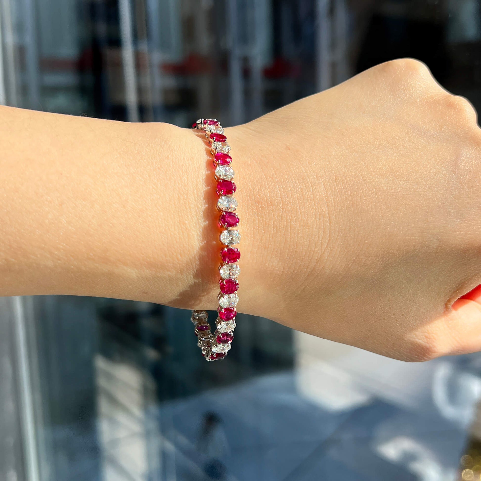 Natural Diamond And Ruby Tennis Bracelet, 18K White Gold, Oval Shape, GIA, 16.45 Ct. TW