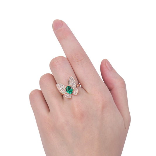 Natural 1.35 Ct. TW Oval-Cut Colombian Emerald Butterfly Ring, 18K White & Rose Gold