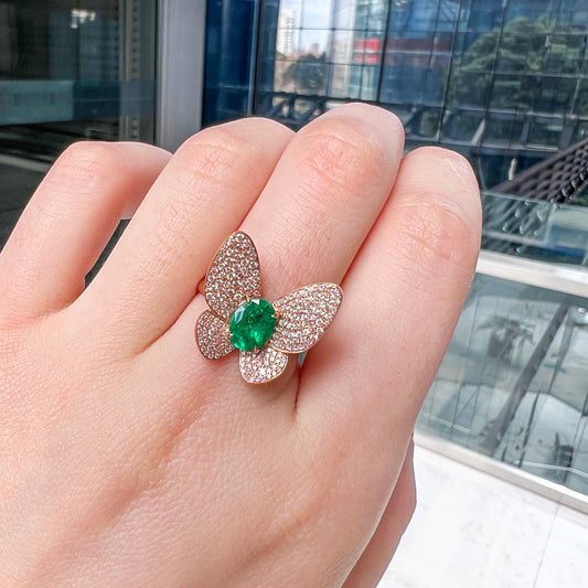 Natural 1.35 Ct. TW Oval-Cut Colombian Emerald Butterfly Ring, 18K White & Rose Gold