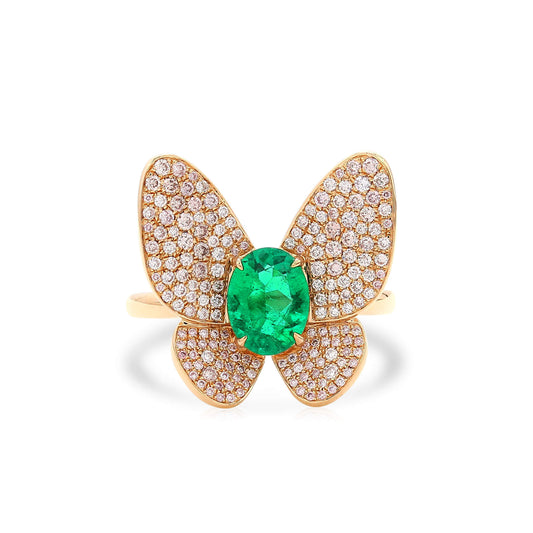 Natural 1.35 Ct. TW Oval-Cut Colombian Emerald Butterfly Ring, 18K White & Rose Gold