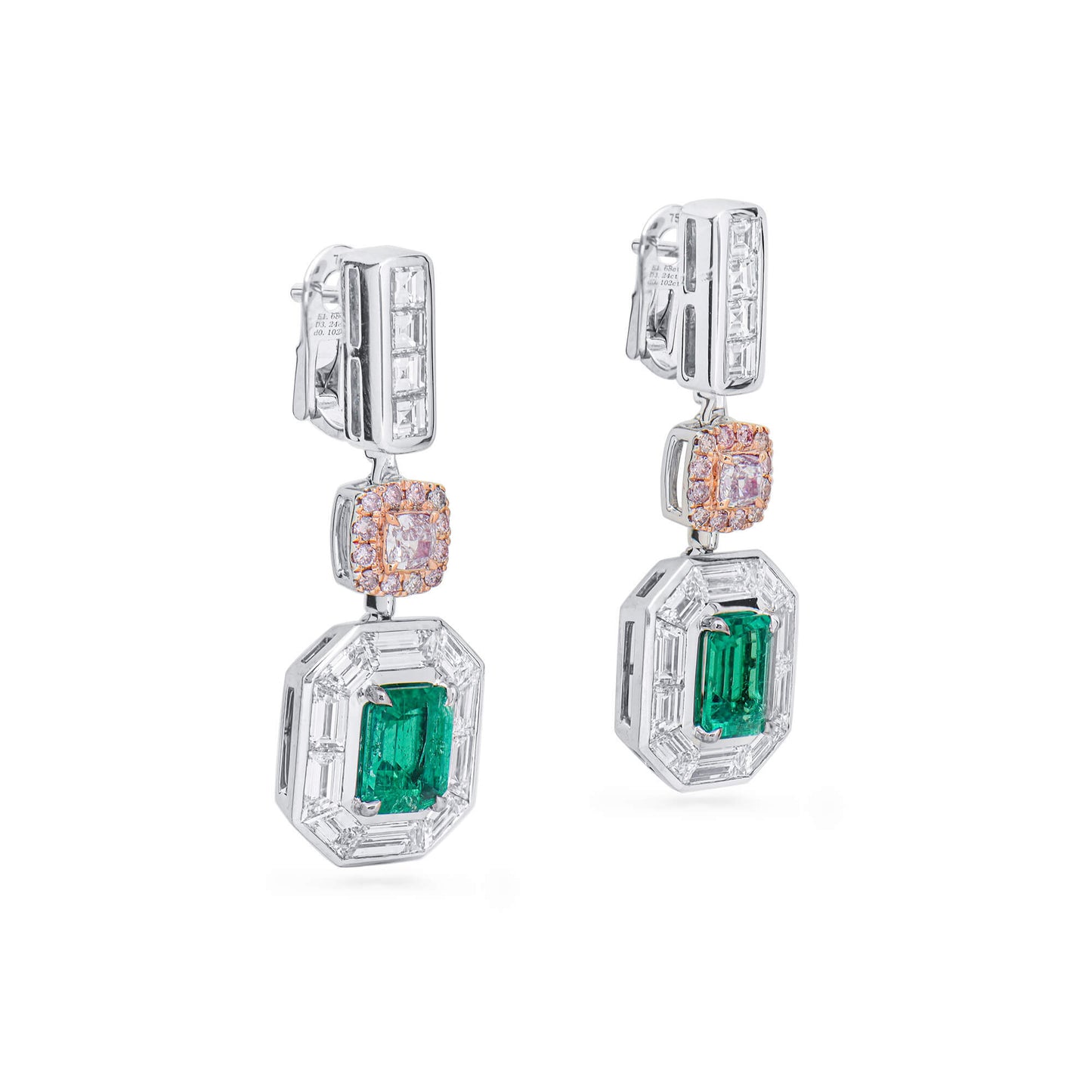 Natural Green Colombian Emerald Drop Earrings, 18K White Gold, Emerald Shape, 5.04 Ct. TW