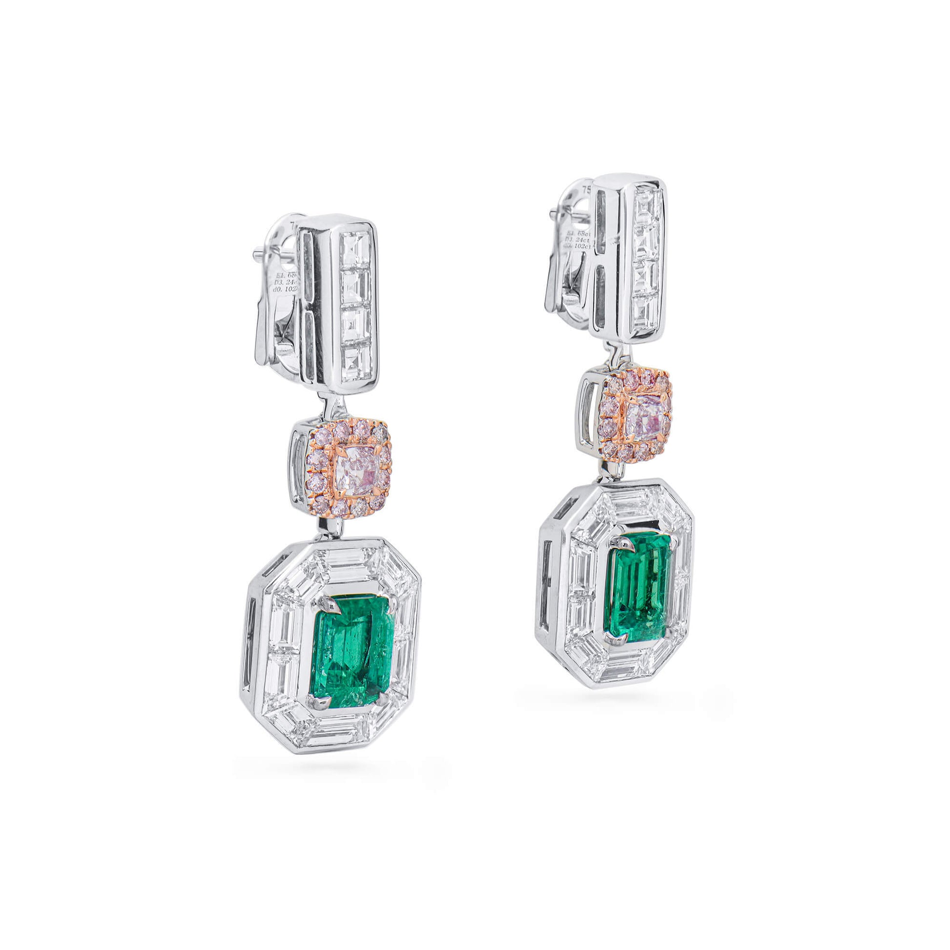 Natural Green Colombian Emerald Drop Earrings, 18K White Gold, Emerald Shape, 5.04 Ct. TW