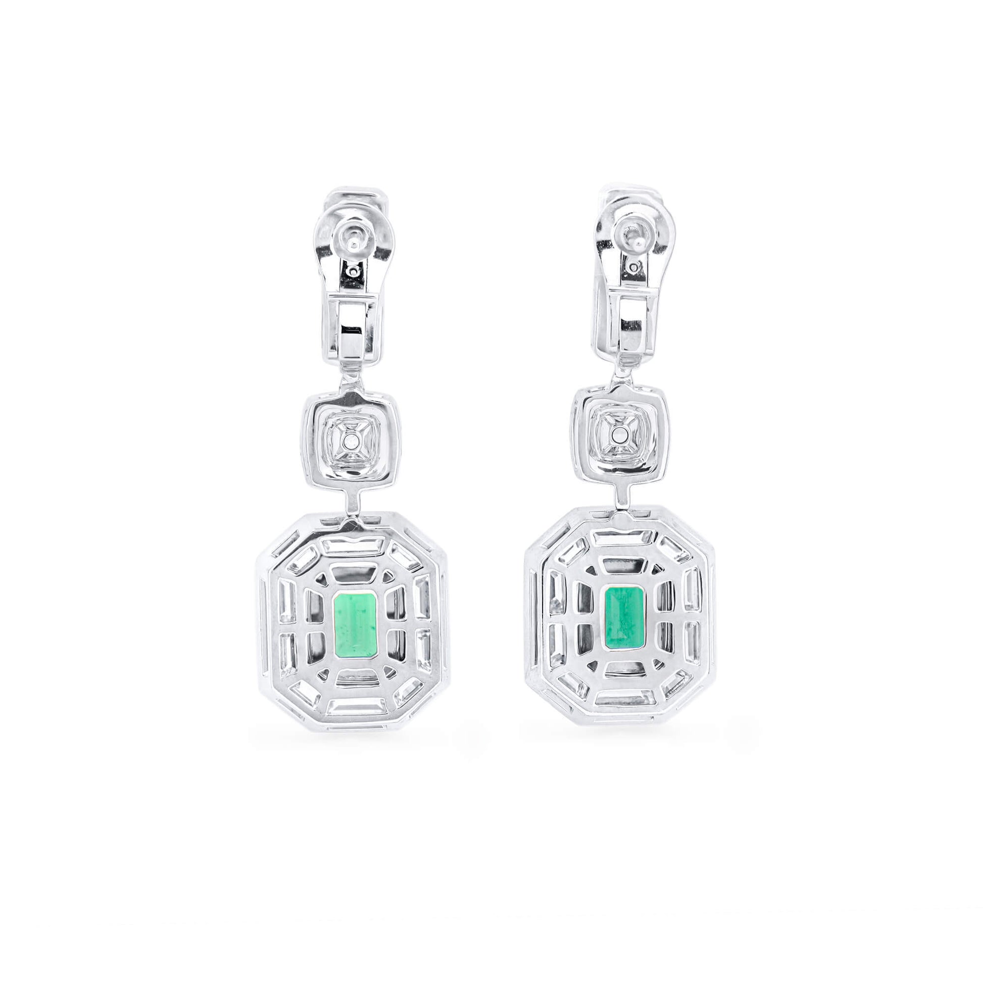 Natural Green Colombian Emerald Drop Earrings, 18K White Gold, Emerald Shape, 5.04 Ct. TW