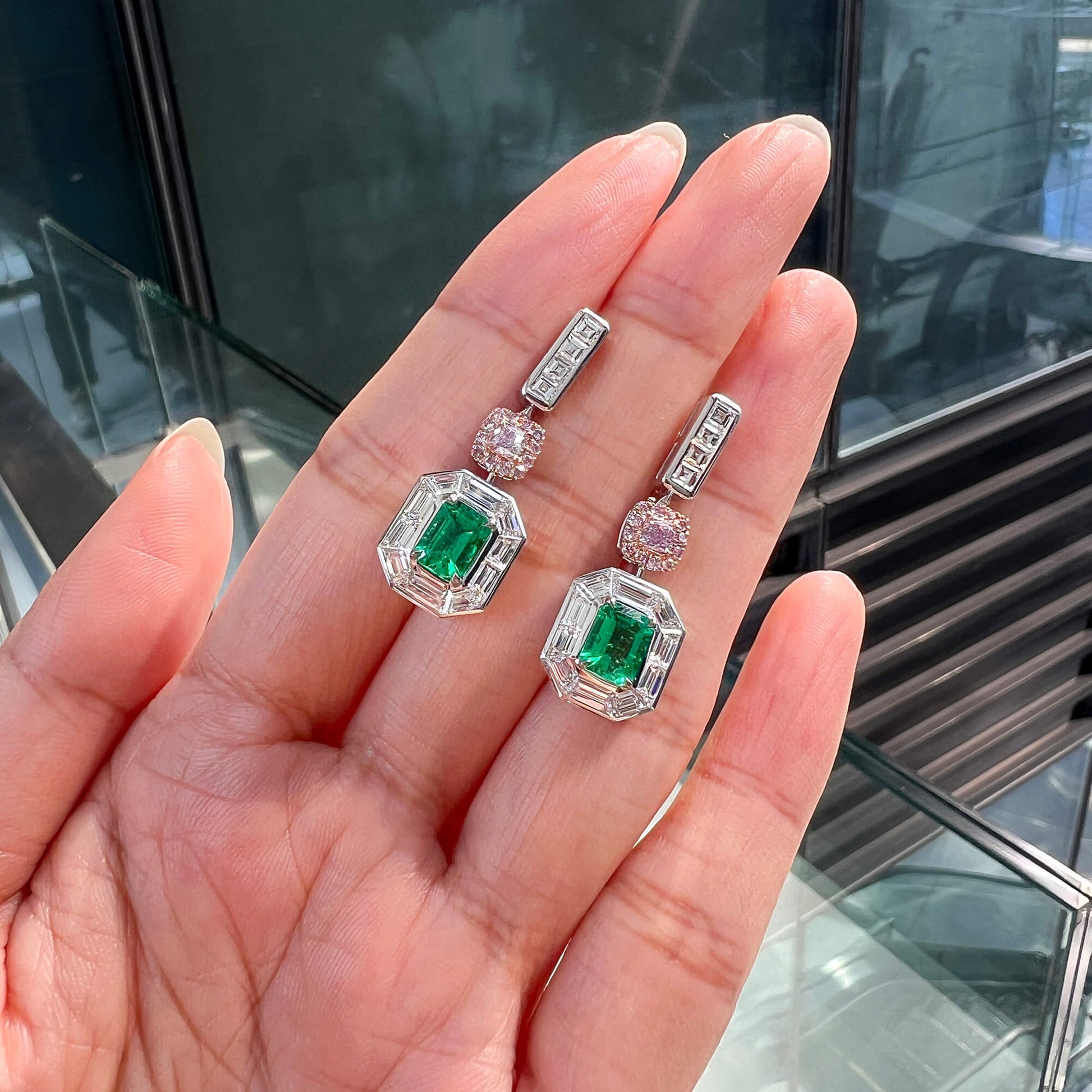 Natural Green Colombian Emerald Drop Earrings, 18K White Gold, Emerald Shape, 5.04 Ct. TW