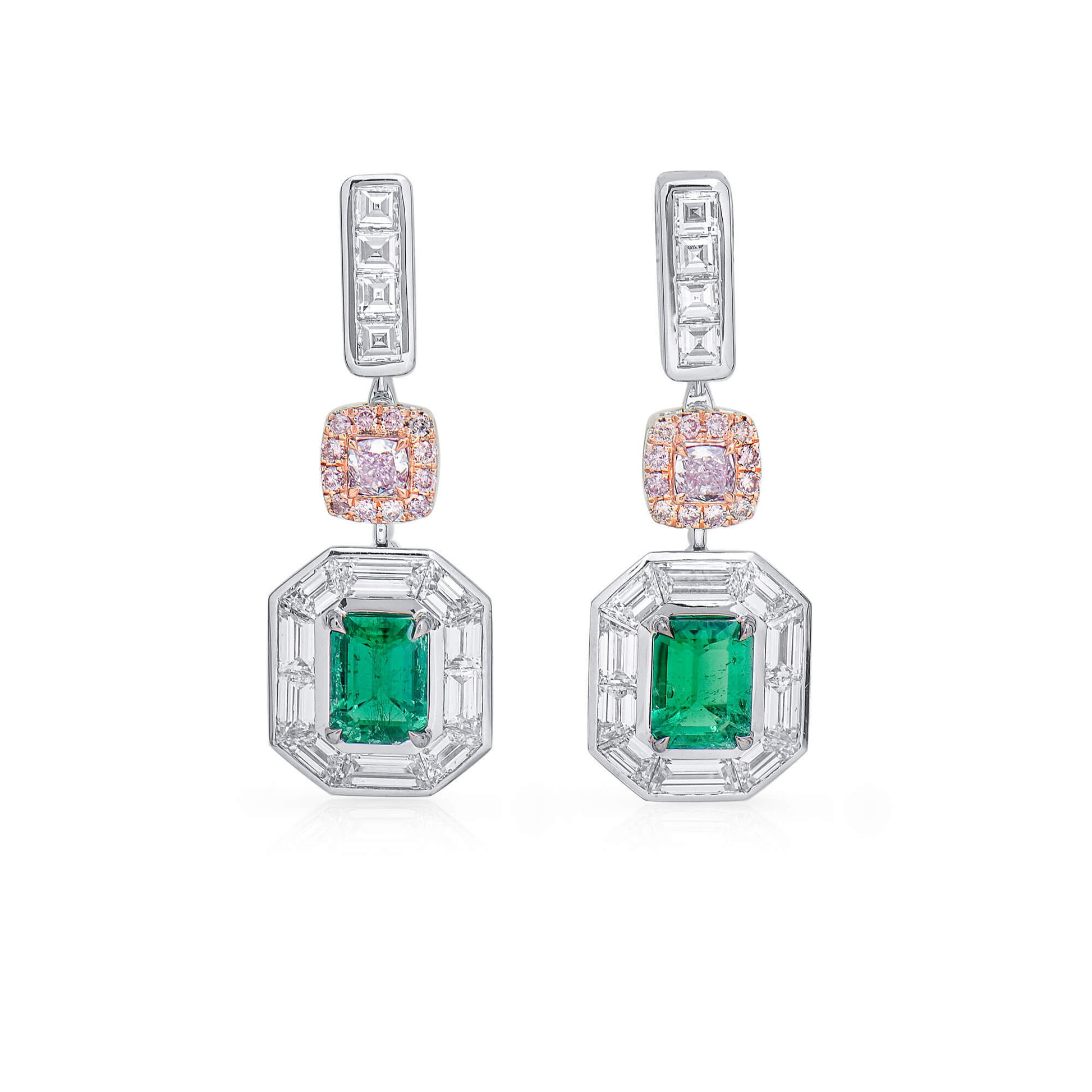 Natural Green Colombian Emerald Drop Earrings, 18K White Gold, Emerald Shape, 5.04 Ct. TW